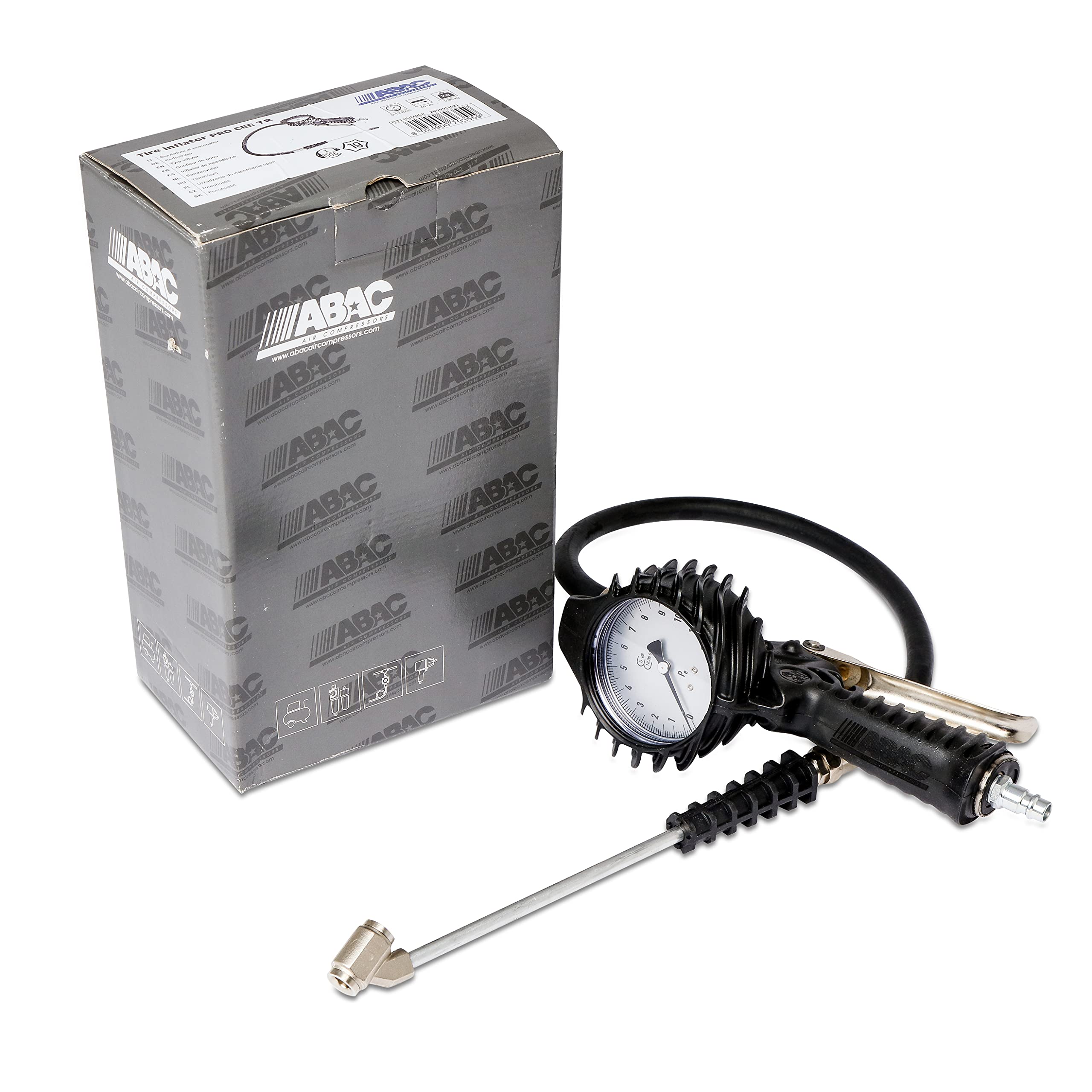 ABAC Gonfleur Pneu PRO - Homologué CEE - Manomètre 80 mm - Connecteur Double Valve pour Camions et Autobus - Tuyau 1.5 m - Usage Professionnel - Poids : 0.86 kg