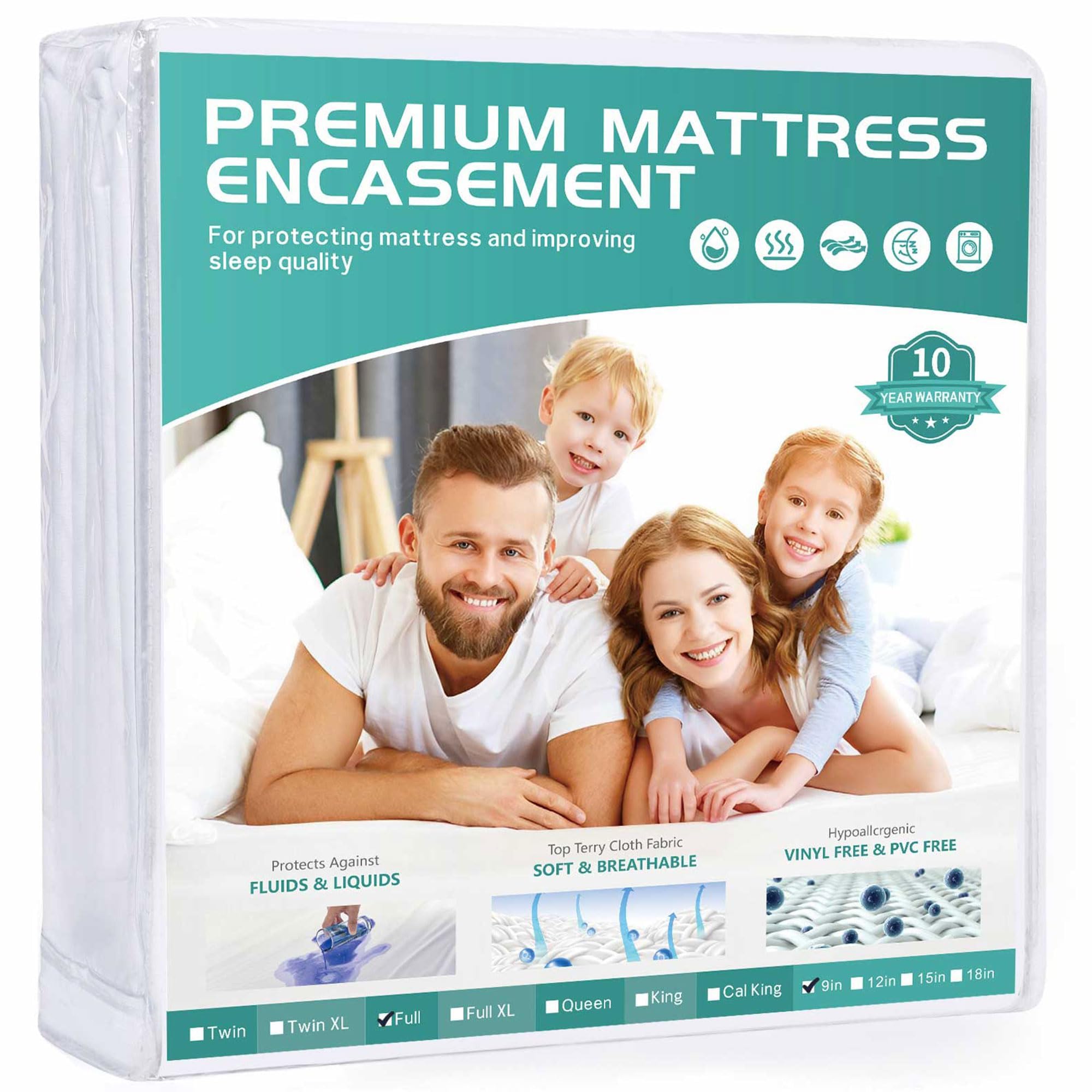 54“x75“ Full Size Mattress Protector Waterproof Fits 6-9" Deep, Zippered WINKAURA Mattress Pad Cover with Breathable Soft Premium Terry Top Fabric