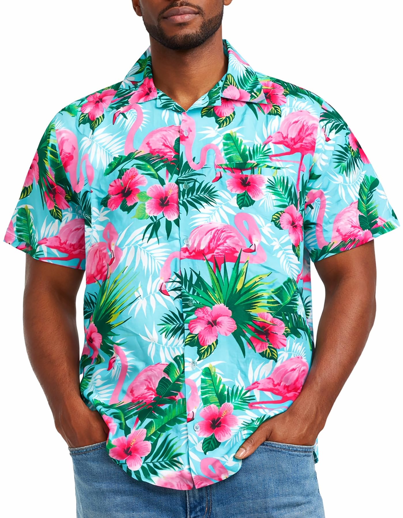 King Kameha Men's Flamingo-Flowers-Design-Turquoise-Pink Funky-Flamingos Short-Sleeve Hawaiian-Shirt Novelty Summer-Vibes, Flamingo-Flowers, Turquoise-Pink, Xs