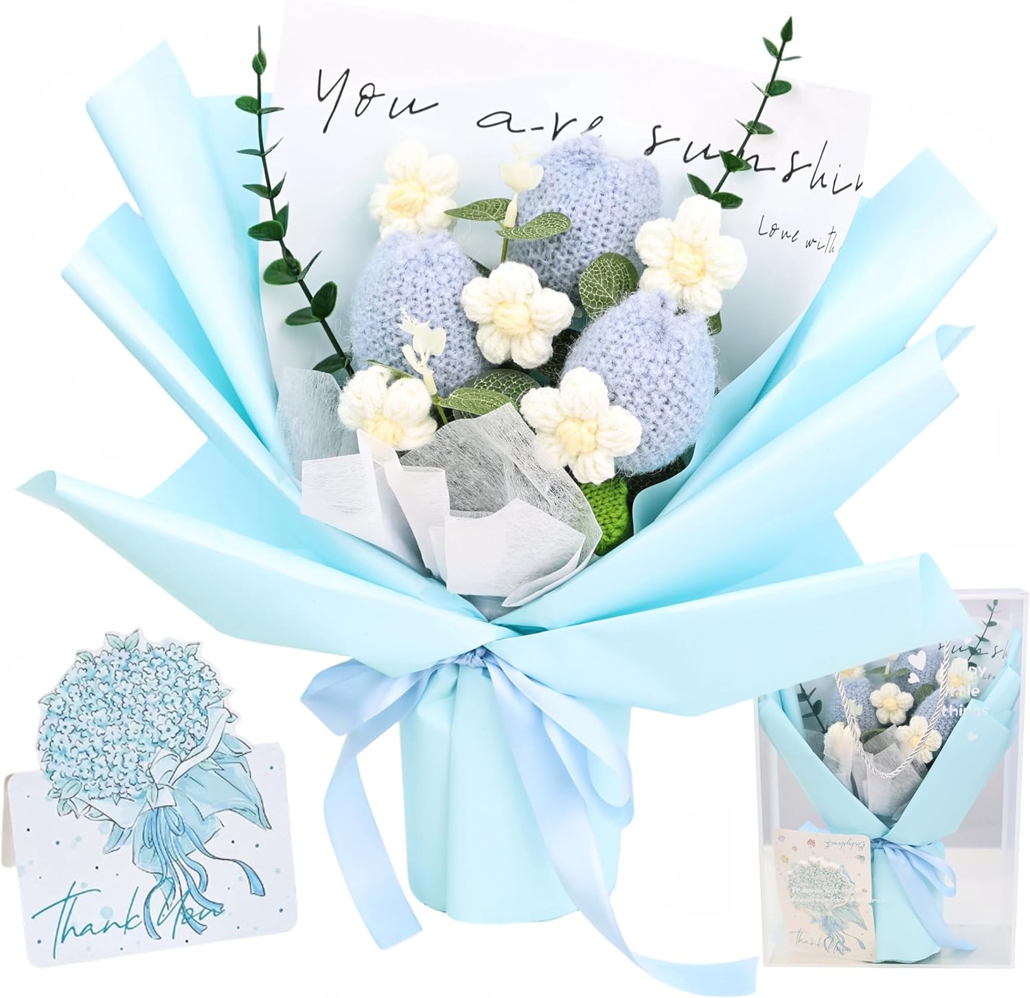 Crochet Flowers Bouquet for Her Handmade Crochet Tulips Artificial Eucalyptus Includes Handheld Gift Box and Card for Home Decor Anniversary Birthdays Mother's Day Graduation Gifts (Blue)