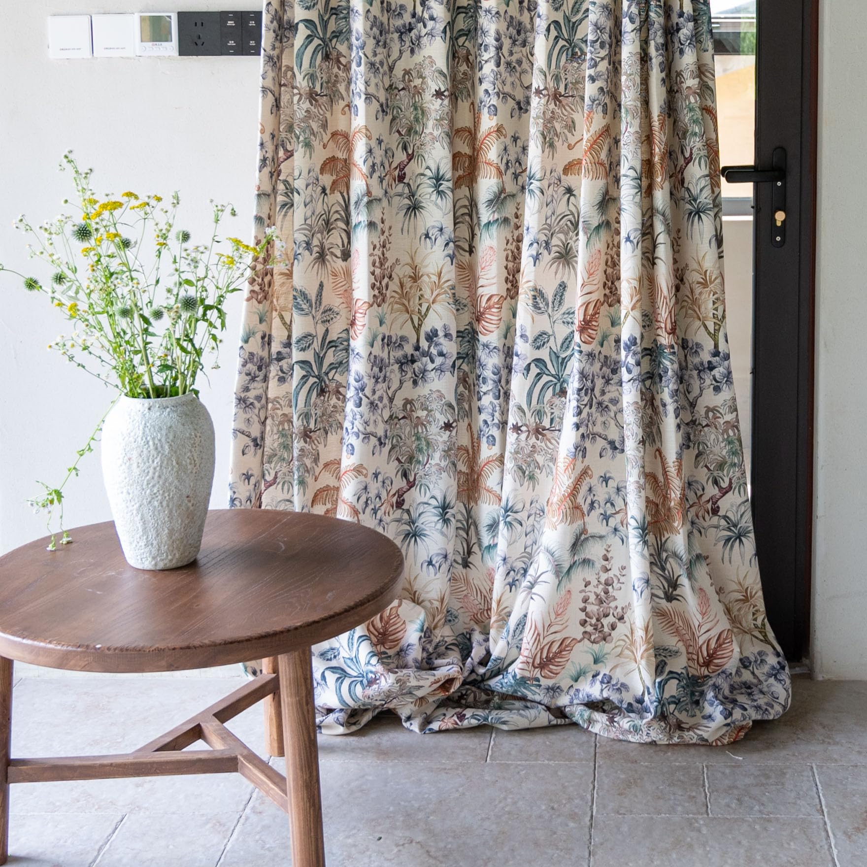 ILUOGUDU Linen Semi Blackout Curtains 108 Inch Length 1 Panel Set Floral Print Curtain Drapes for Living Room Farmhouse Grommet Window Curtains for
