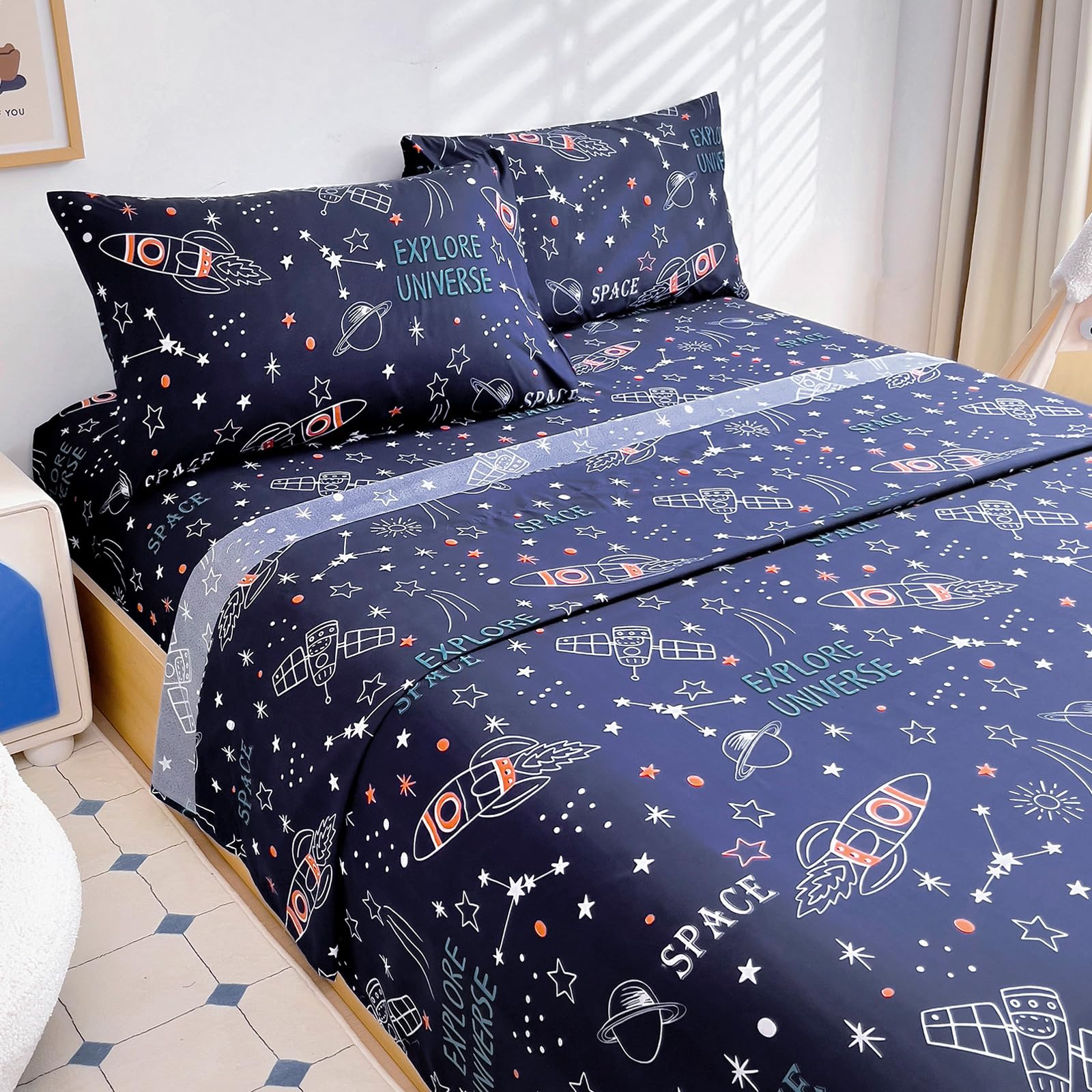 Full Sheet Set Kids - Navy Blue 4 Pieces Soft Microfiber Cartoon Style Bedsheets for Boys Girls Teens, Oeko TEX Breathable 15 Inch Deep Pocket Sheets(Space Rocket)