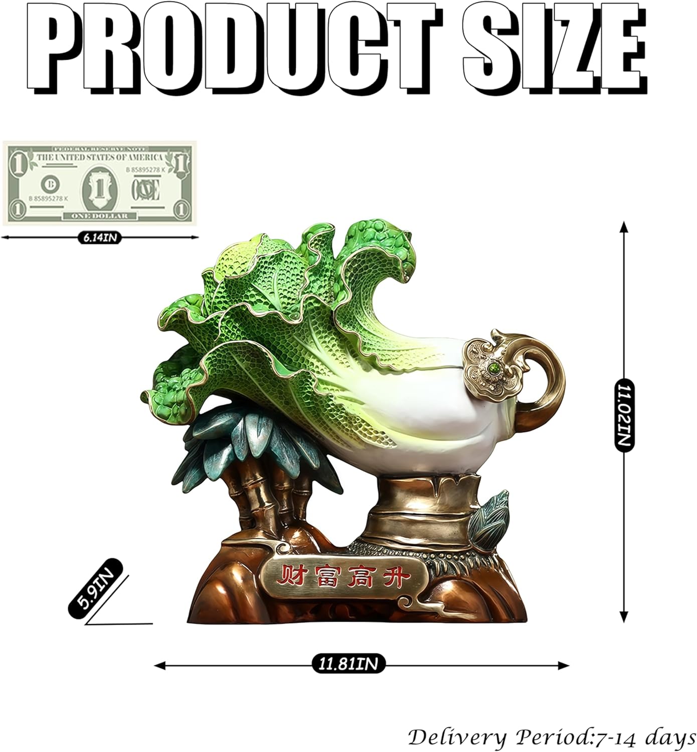 Top Brass Yu Bai CAI, Yubaicai, Artificial Chinese Cabbage, Fake Faux Cabbage, Artificial Vegetables, Fake Faux Vegetable Gifts, Feng Shui Decor & Gifts for Home, Feng Shui Statue