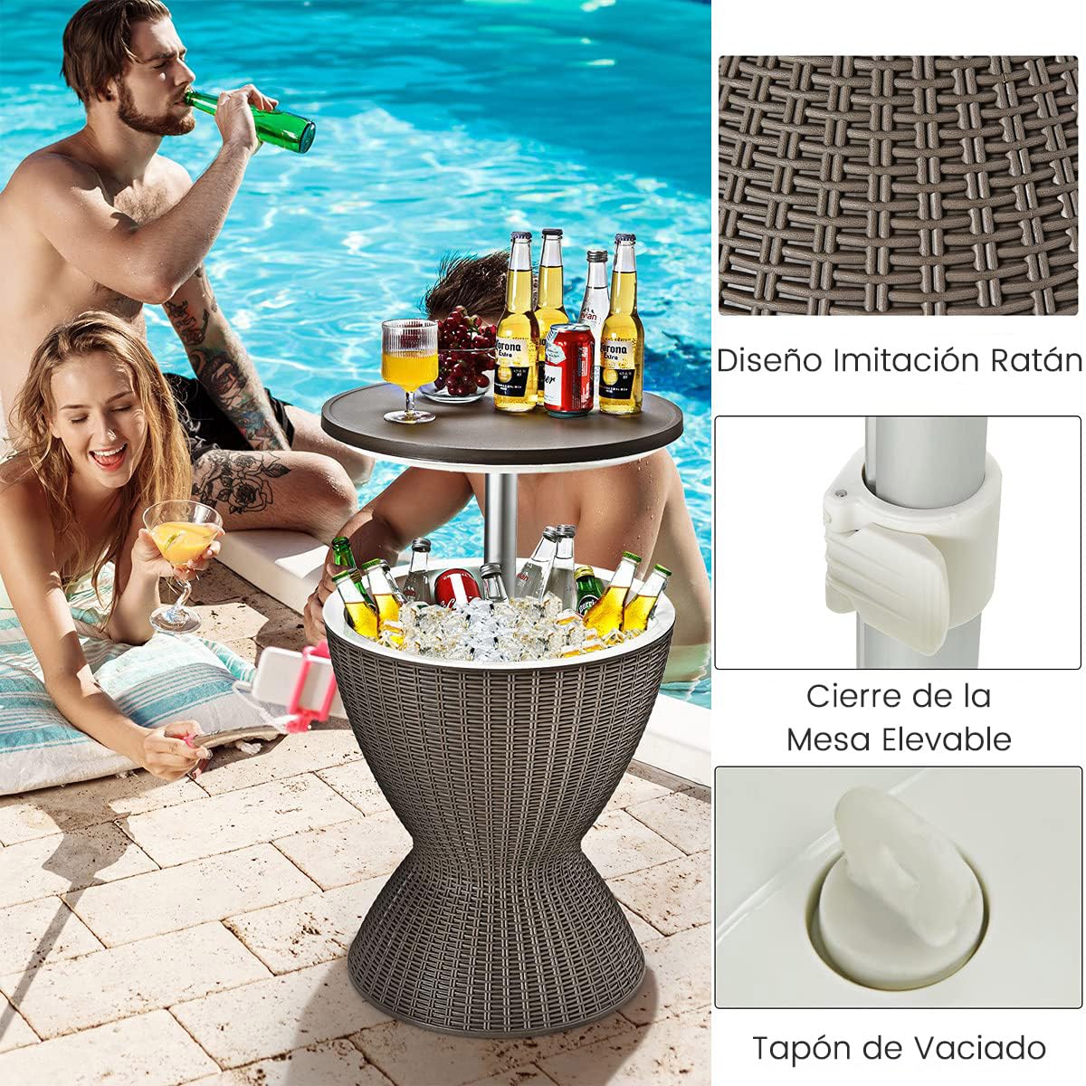 RELAX4LIFE 3 en 1 Mesa Nevera Jardin 30L con Tapa Extraíble Tablero Elevable 57,5/82 cm, Mesa Jardin Exterior de Ratán PP con Orificio de Drenaje, Hielera para Fiestas, Camping, Carga 75KG (Café)