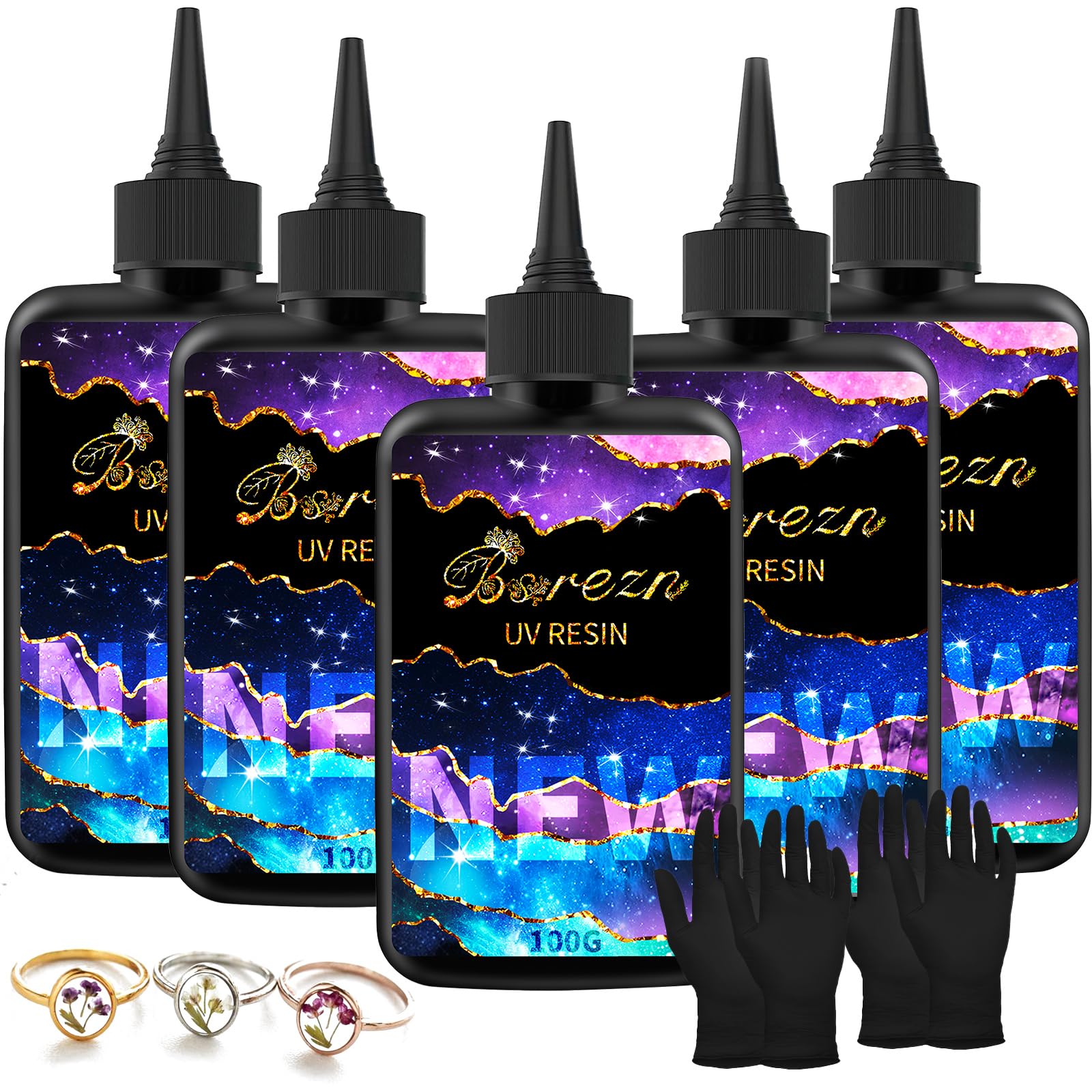 Bsrezn 500g UV Resin Hard with 2 Pairs of Gloves Crystal Clear Premixed Resina UV for Jewelry Making (100g x 5)