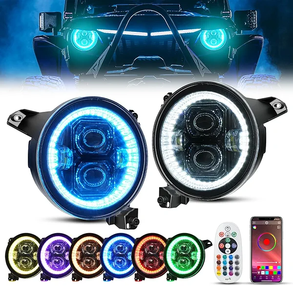 SUPAREE 9 inch LED Headlights RGB Halo Ring Angel Eyes Remote Phone APP Control 9” Round DRL Fit for 2018-2023 Jeep Wrangler JL Gladiator JT
