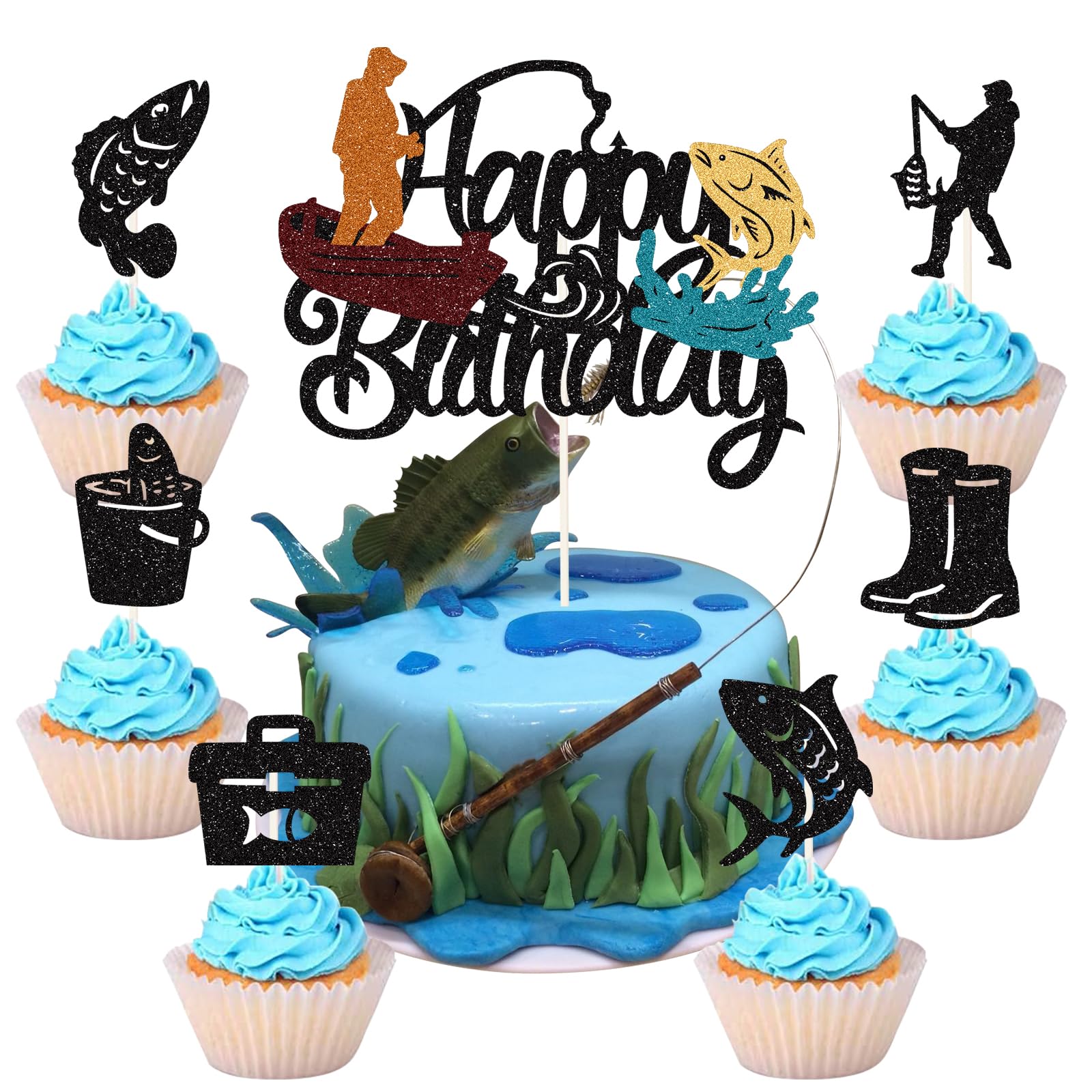 Topper per torta di compleanno a tema pesca. Topper per torta di compleanno personalizzato con nome per gli amanti della pesca e delle attività ricreative. - Italia