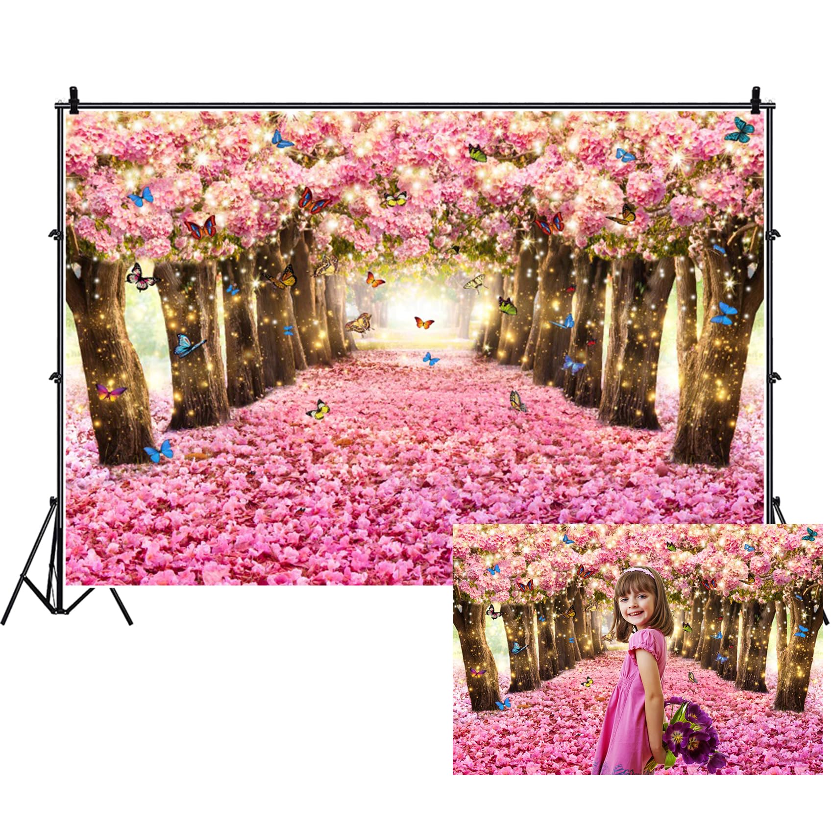 Renaiss 7x5ft Pink Cherry Blossom Backdrop Fairy Tale Romantic Pink Flowers Tree Butterfly Floral Petal Falling Boulevard Photography Background for