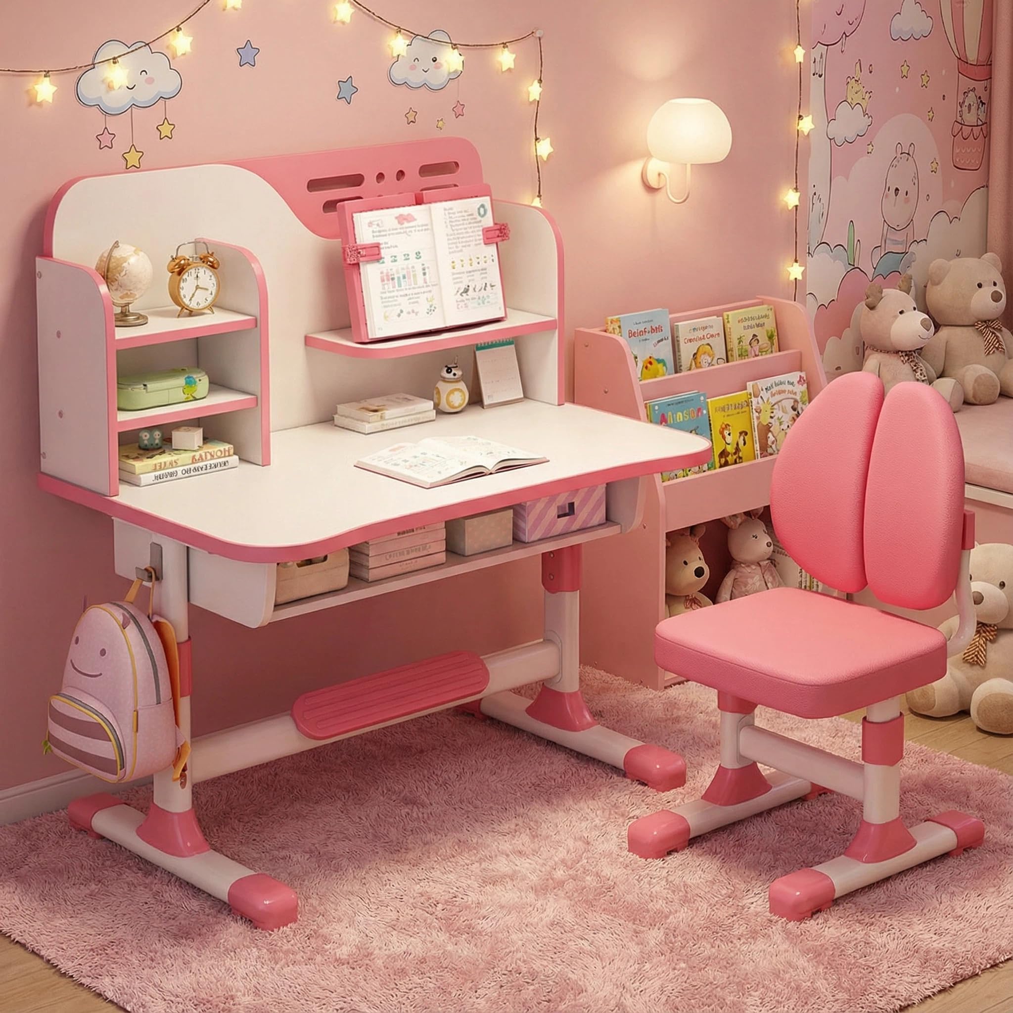 Set Scrivania e Sedia per Bambini, Regolabile per Camera da Letto delle Ragazze, Design Ergonomico, Ampio Piano di Scrittura, Libreria e Cassetto, Bambini da 3 a 18 Anni
