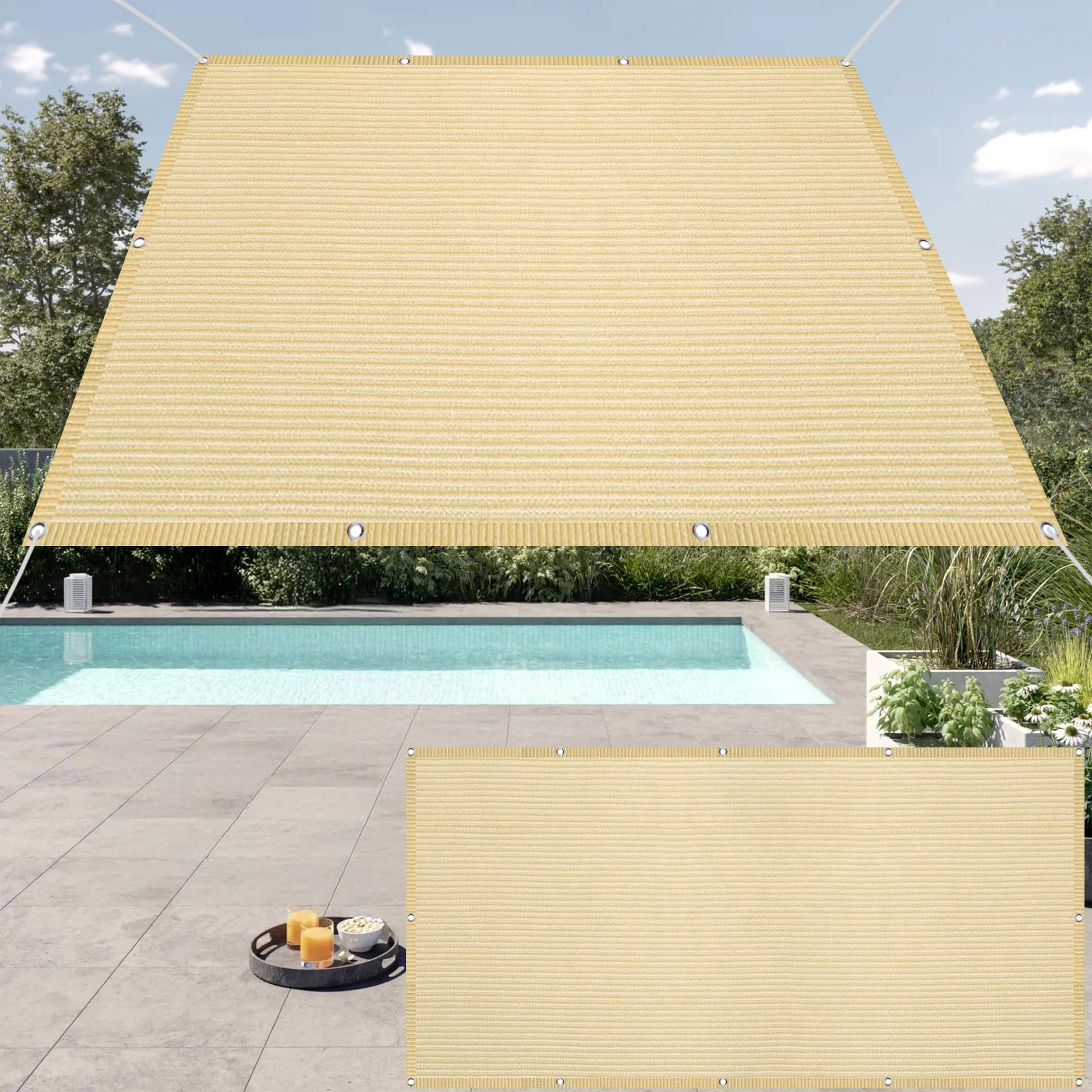 Żagiel Przeciwsłoneczny 175 x 700 cm Oddychający, Filtr UV 90% Markiza Przeciwsłoneczna Parasol Tarasowy Z Darmową Liną, Wytrzymałe Na Taras, Basen, Kemping, Kolor kremowy