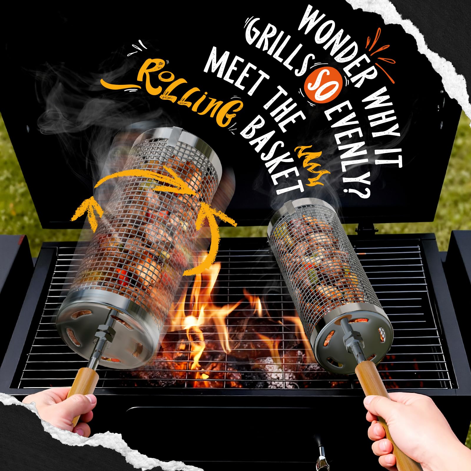 Rollendes Grillkorb Set Edelstahl 304Nestbar Grillzubehör mit Abnehmbarer Holzgriff, Perfektes Männer Geschenk für Vater Mutter Freund, Outdoor Küche Zubehör Grill Gemüse Meeresfrüchte Garten Camping