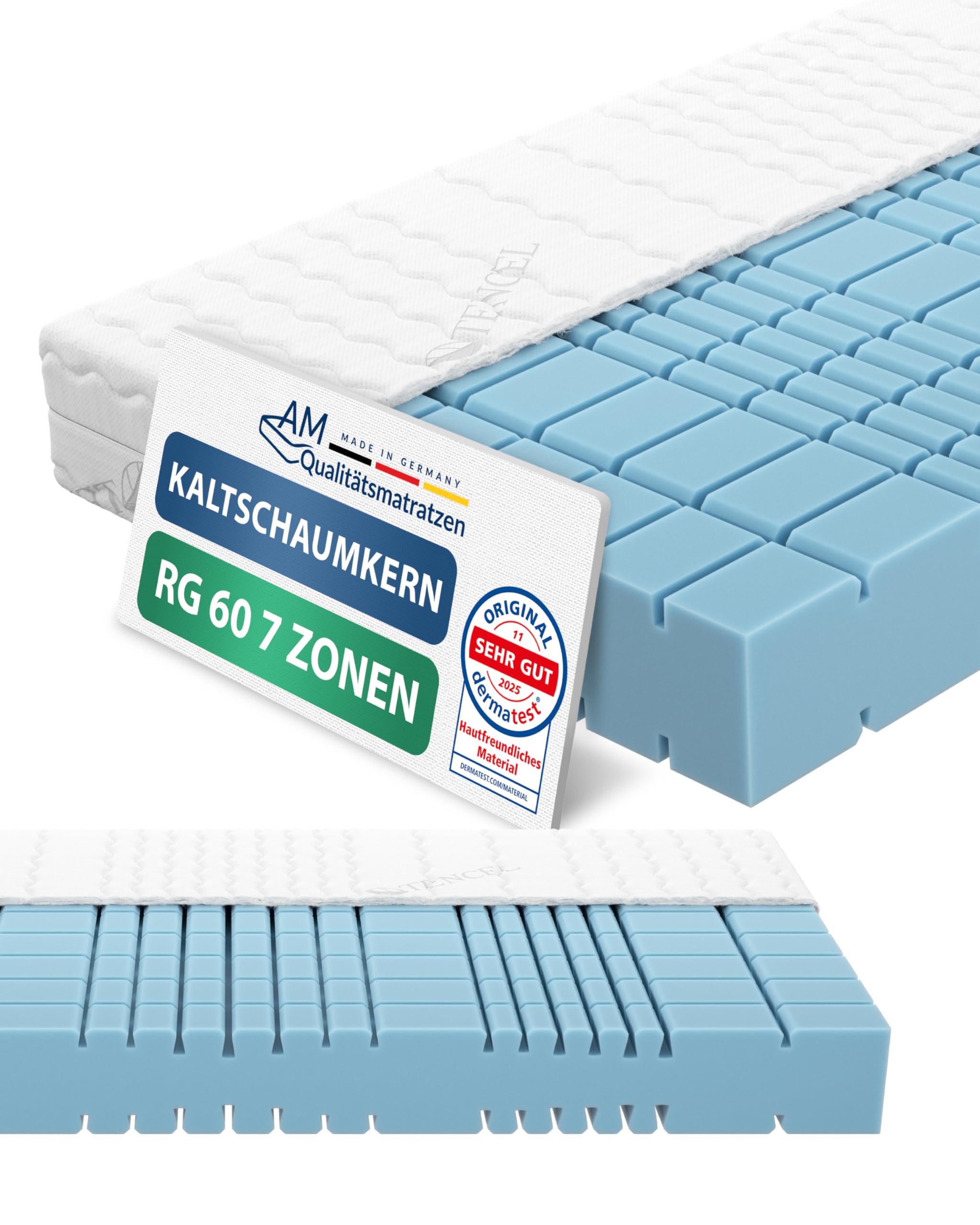 AM Qualitätsmatratzen Premium 7 Zonen Kaltschaummatratze 90x200 H2 - Made in Germany - Oeko TEX zertifizierte Matratze Kaltschaum 90x200-19 cm Hoch - Ergonomische Matratze 90x200cm