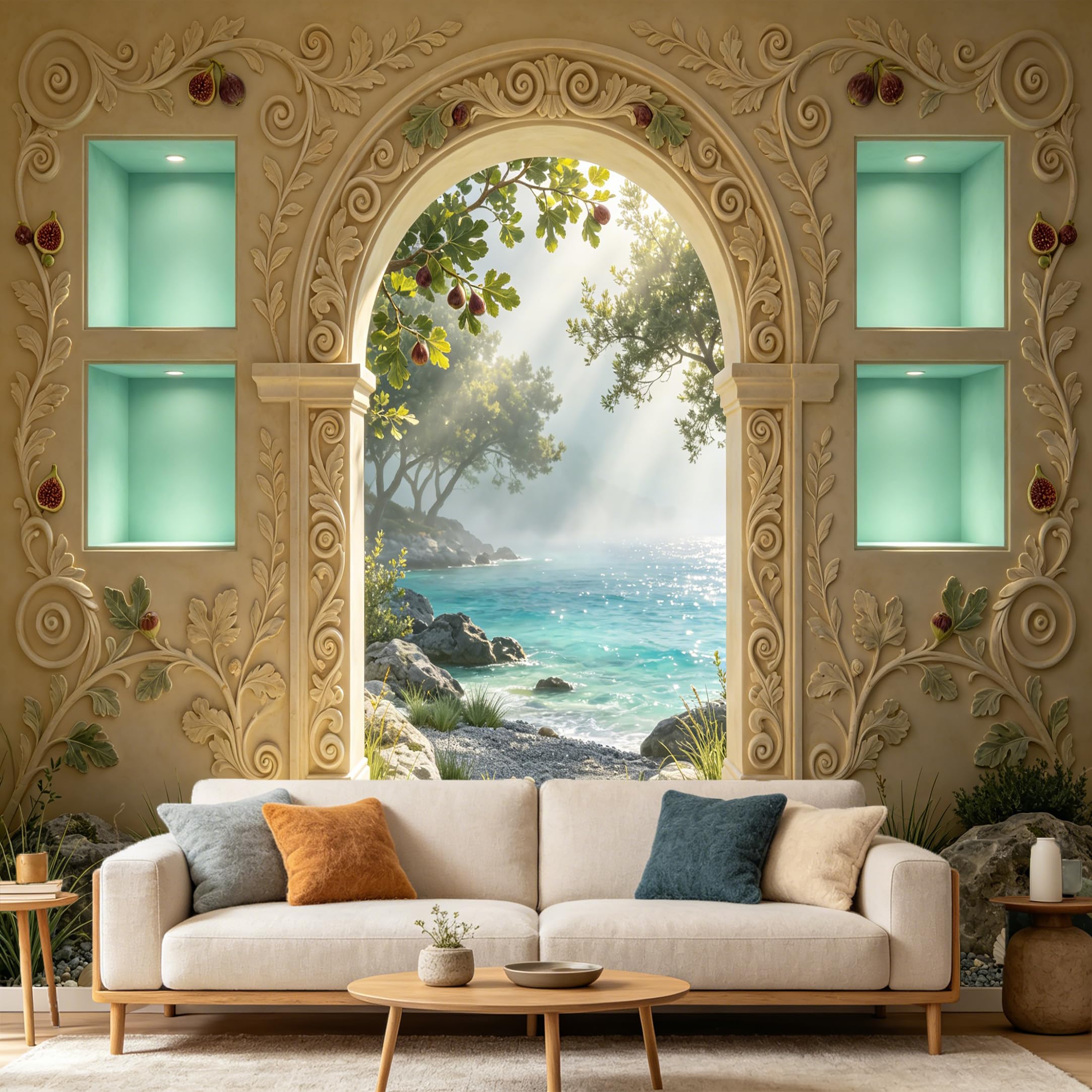 Custom Size Wall Mural Mediterranean Archway Coastal Ocean Landscape 3D Trompe L'Oeil， SelfAdhesive Art Prints wall Fabric Removable Large Wallpaper Home Living Room Decor
