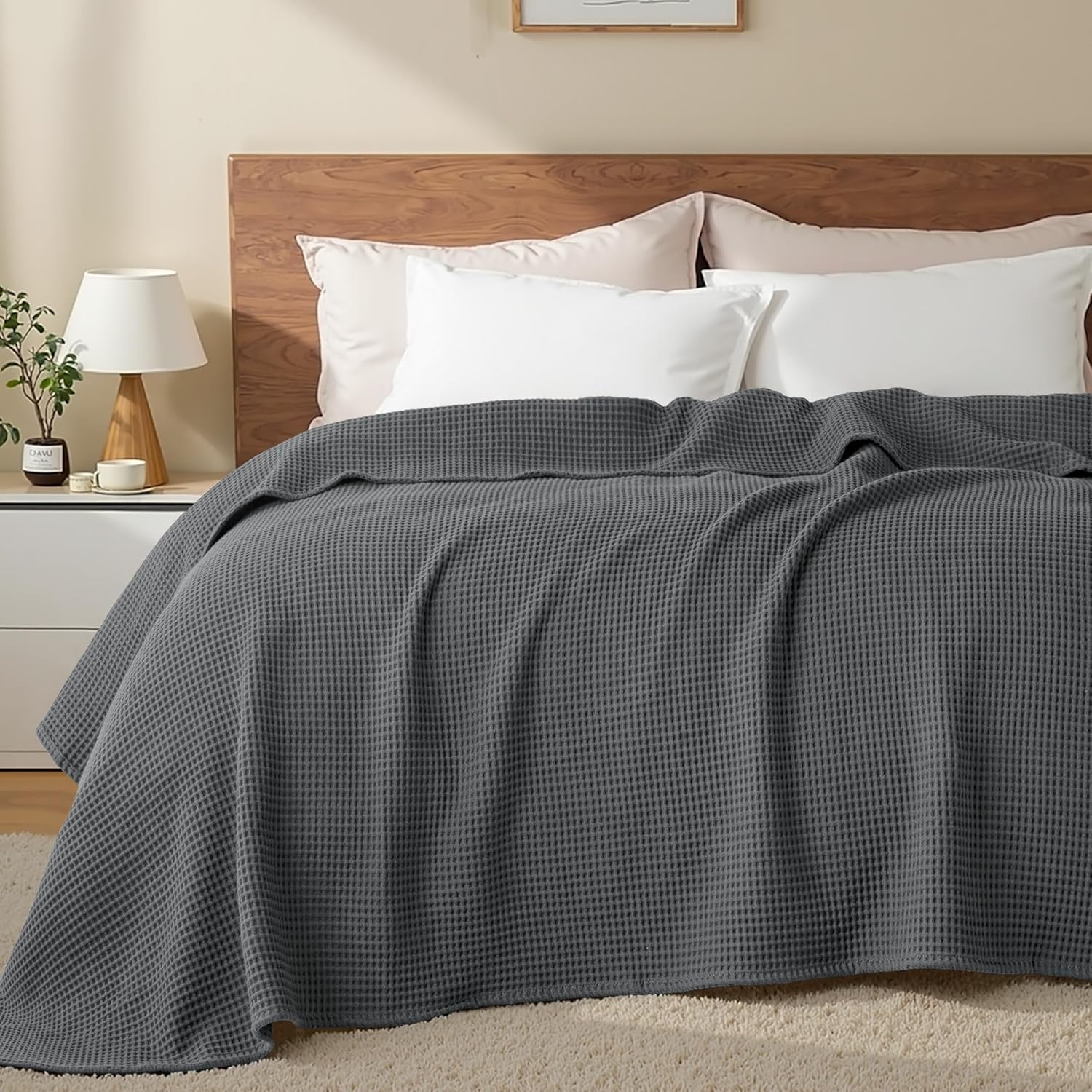 Exclusivo Mezcla 100% Cotton Waffle Weave Blanket King Size, Soft, Lightweight and Breathable Muslin Gauze Blanket for Bed, All Season, 90"x104", Dark Grey