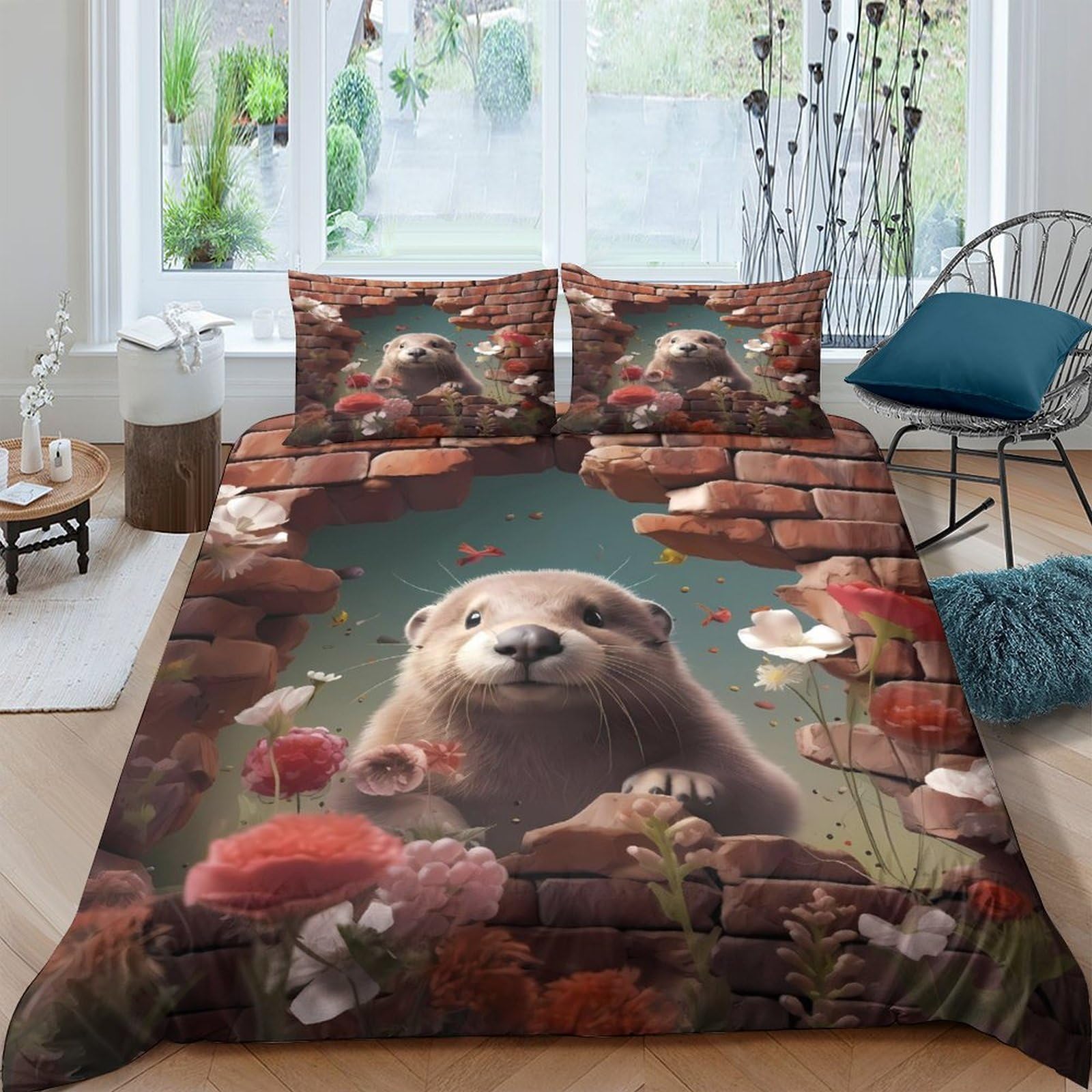 Ctjqhvkz Style-2 3D Printed Otter Floral Fitted Sheet Microfiber Soft Bedroom Decor Mattress Cover For Adult Youth Guest Room Single（135X200cm）