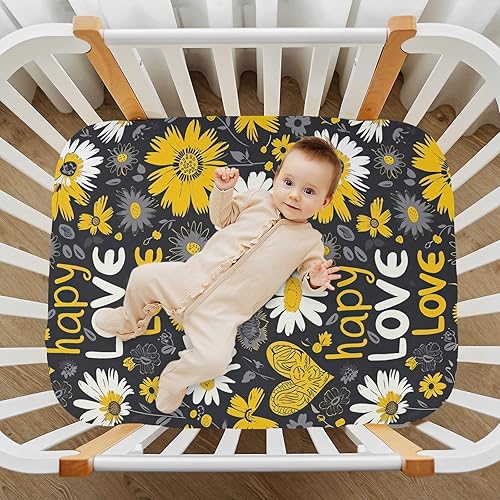 Miniatura 7 de Kigai Fitted Crib Sheet for Boys Girls,Yellow White Daisy Jersey Knit Baby Sheet for Standard Crib and Toddler Bed Mattresses, Cozy Soft Breathable,