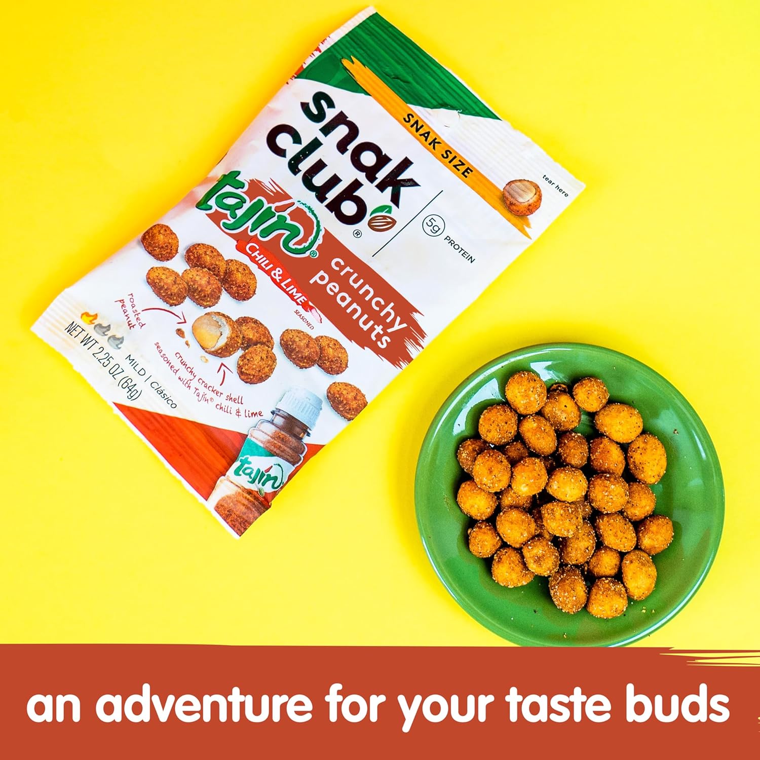 Snak Club Tajin Crunchy Peanuts, Nuts with Chili and Lime Seasoning, Mild, 2.25 oz Snack Bags, 12 Pack
