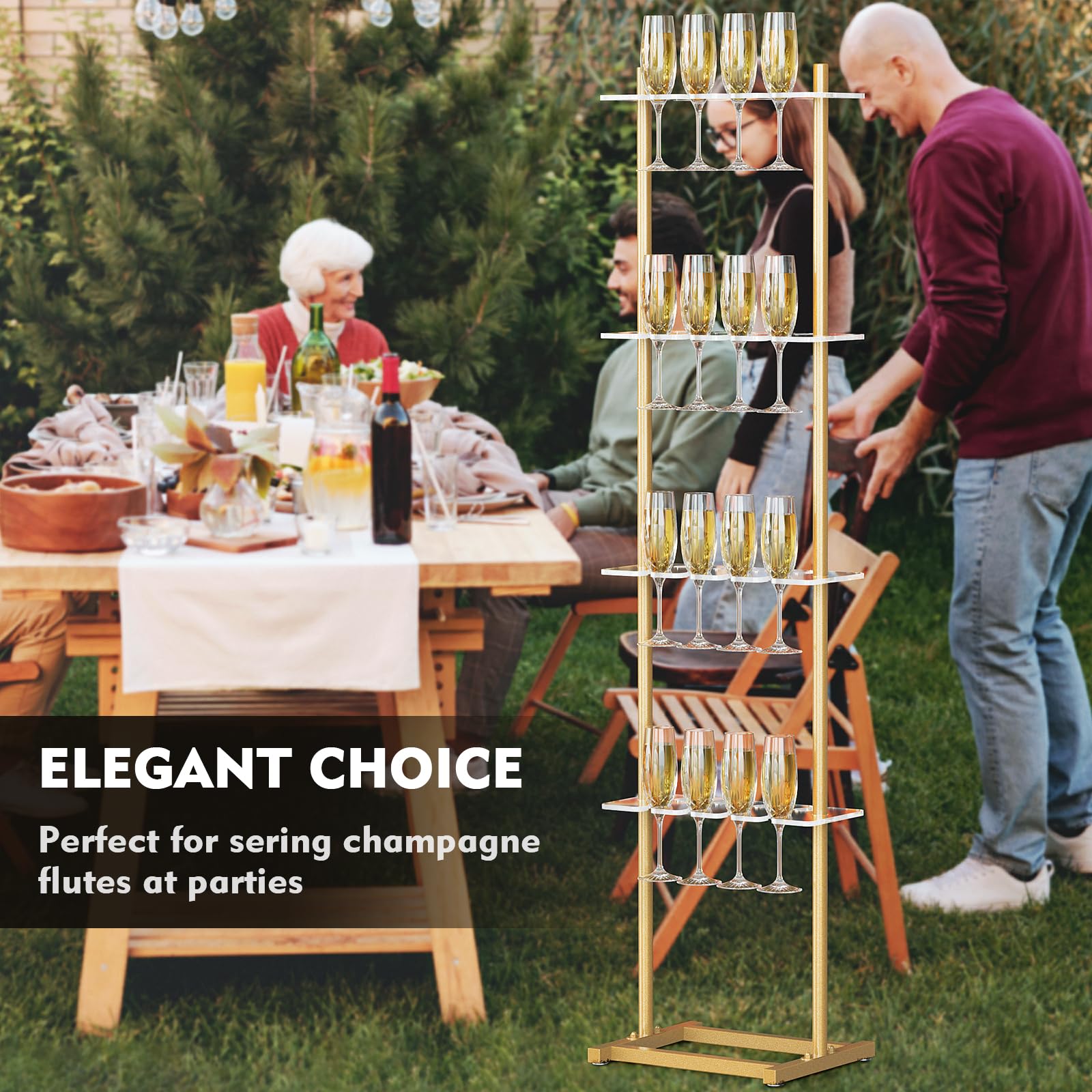 ikare Soporte de pared de champán para fiesta, soporte de pared de acrílico transparente de 4 niveles, 32 copas de vino para copas de champán en bodas, fiestas de despedida de soltera y eventos,