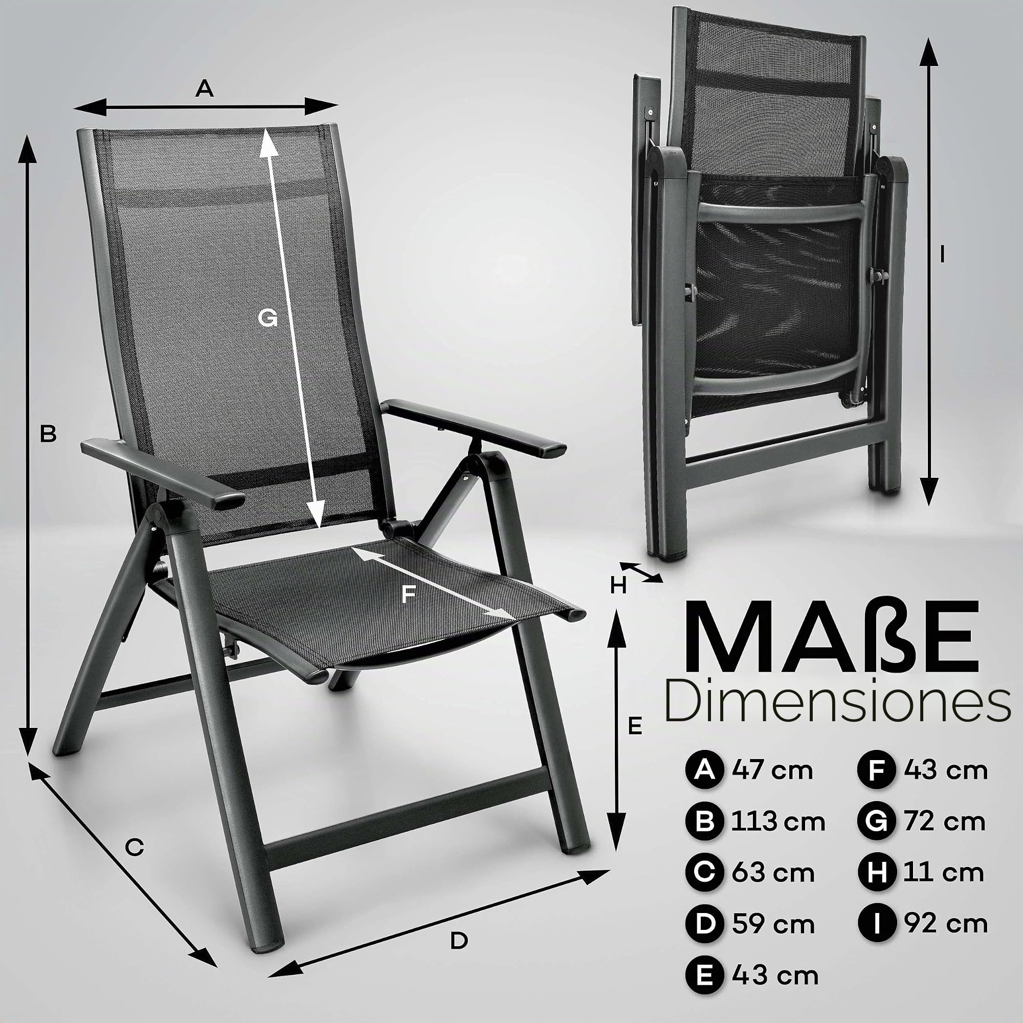 Tillvex - Silla de Jardín Premium, Plegable, de Aluminio, Respaldo Alto con Reposabrazos, Ajustable, para Balcón, Jardín, Terraza (Antracita)