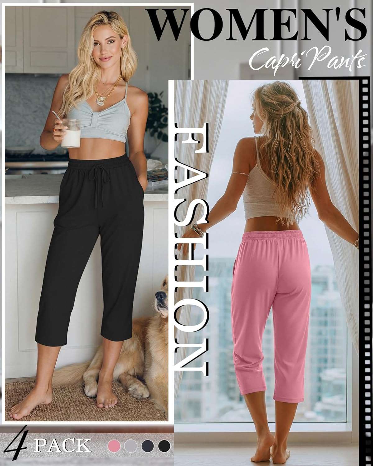 Neer 4 Pack Women's Capri Pants Wide Leg Yoga Capri Sweatpants Drawstring Summer Lounge Loose Fit Cropped Pants with Pockets - Image 3