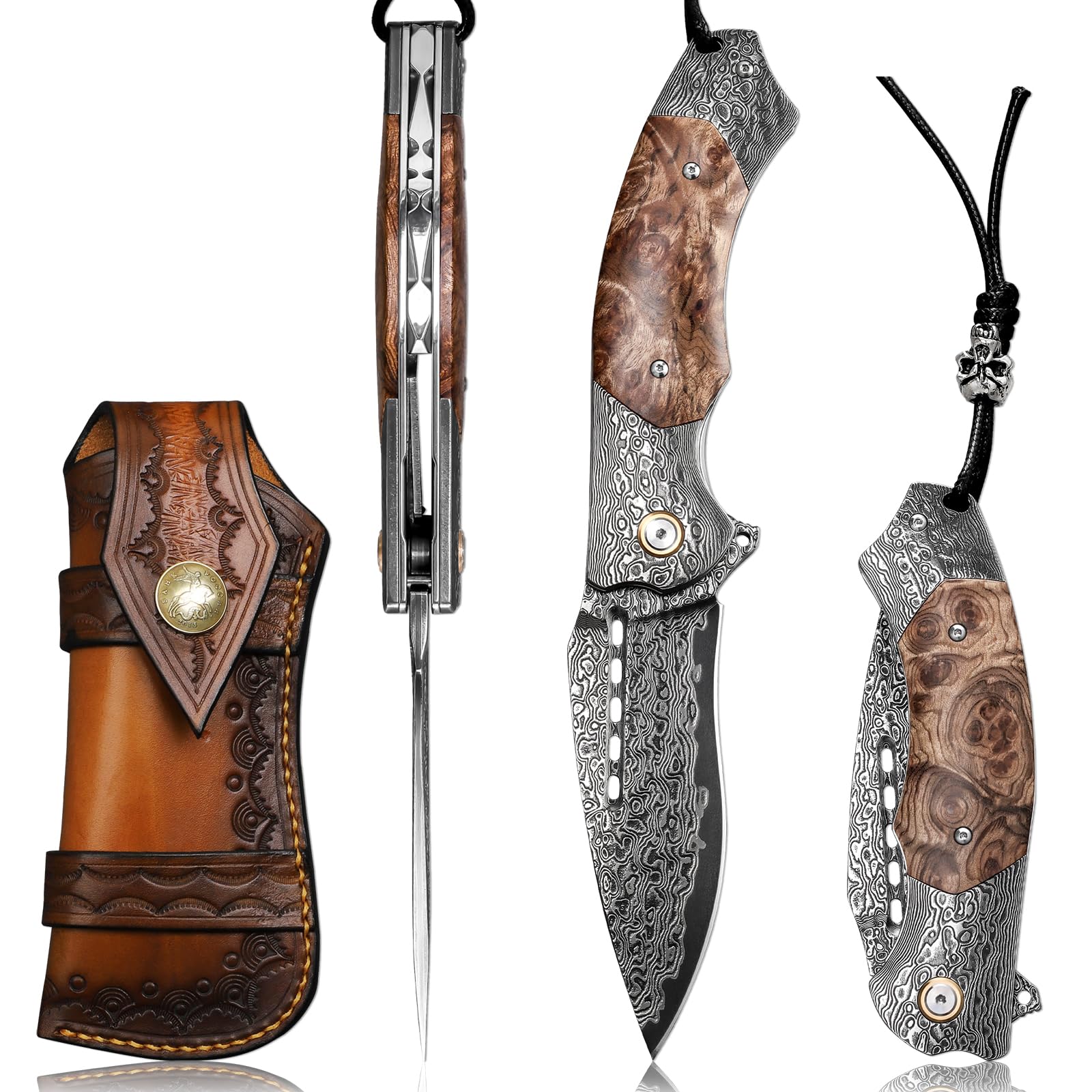 VNLADamascus Steel Folding pocket Knife,with leather case,3.89in VG10 steel core Blade,Damascus Steel and Figured Sycamore wood handle,Suitable for Hiking carry EDC Knife