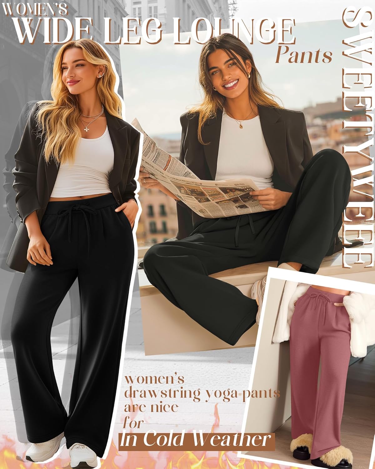 3 Pack Women's Fleece Lined Wide Leg Lounge Sweatpants Casual Thermal Drawstring Yoga Pants with Pockets - Image 3