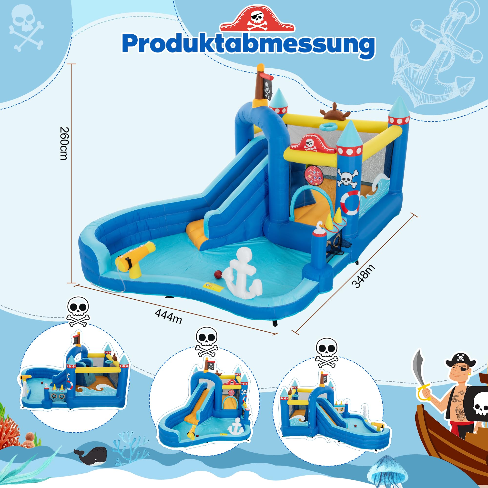 UEV Aufblasbare Hüpfburg XXL Indoor & Outdoor mit Gebläse 450W, EN71-1/2/3 | extra breiter Wasserrutsche, für Kleinkinder (3-8Jahre), Kindergeburtstag, 444x348x260 cm