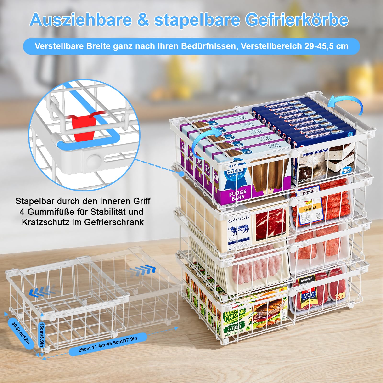 4er Gefrierkörbe Erweiterbare Gefrierschrank Organizer Stapelbar Aufbewahrungskorb Metall Mit Griffen 140L-570L Ausziehbare Länge 29-45.5x30.5x15cm Weiß