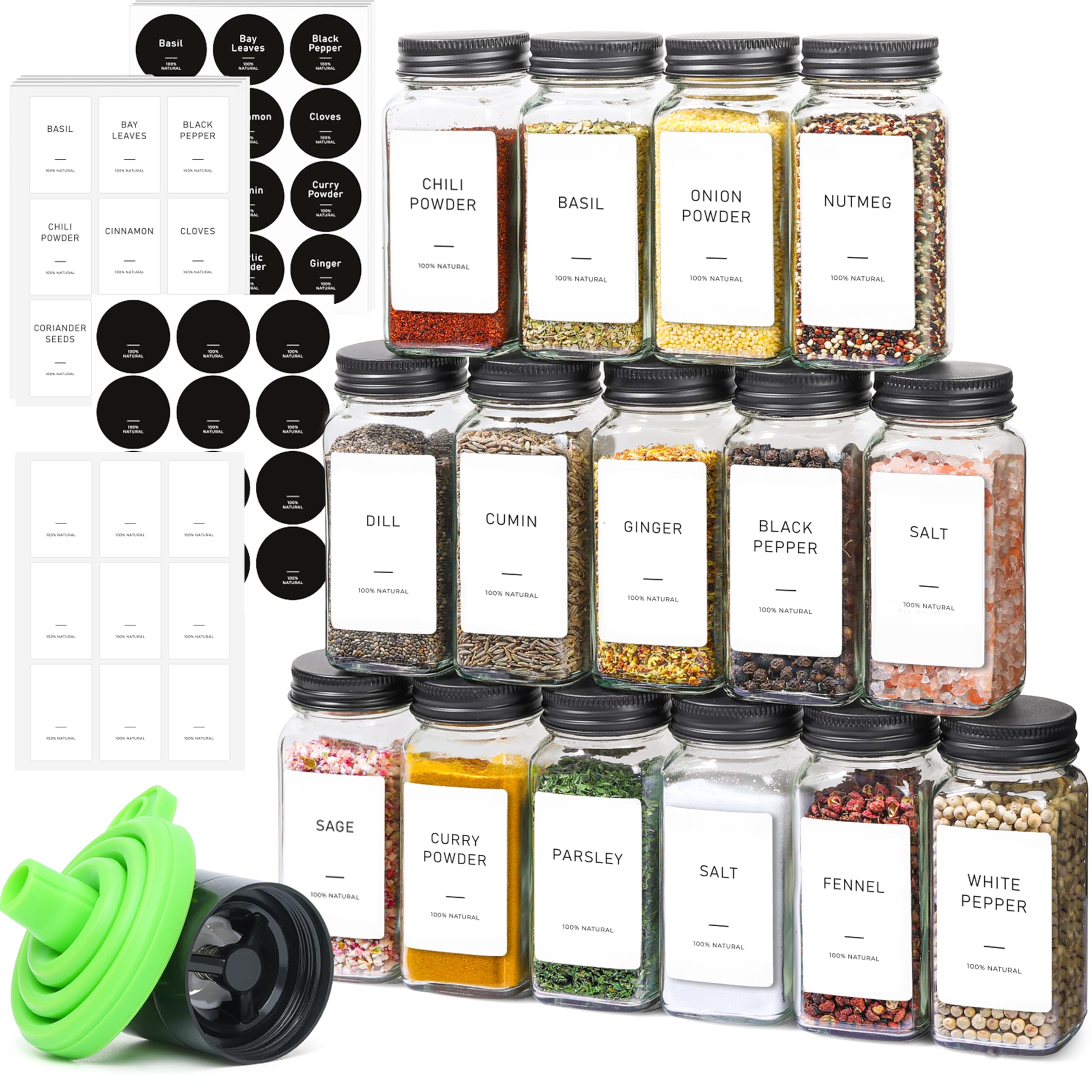 ComSaf 15 tarros de especias de vidrio de 4 onzas con tapas agitadoras, 93 etiquetas, un práctico embudo, un molinillo de pimienta, recipientes de especias vacíos y botellas cuadradas de especias para