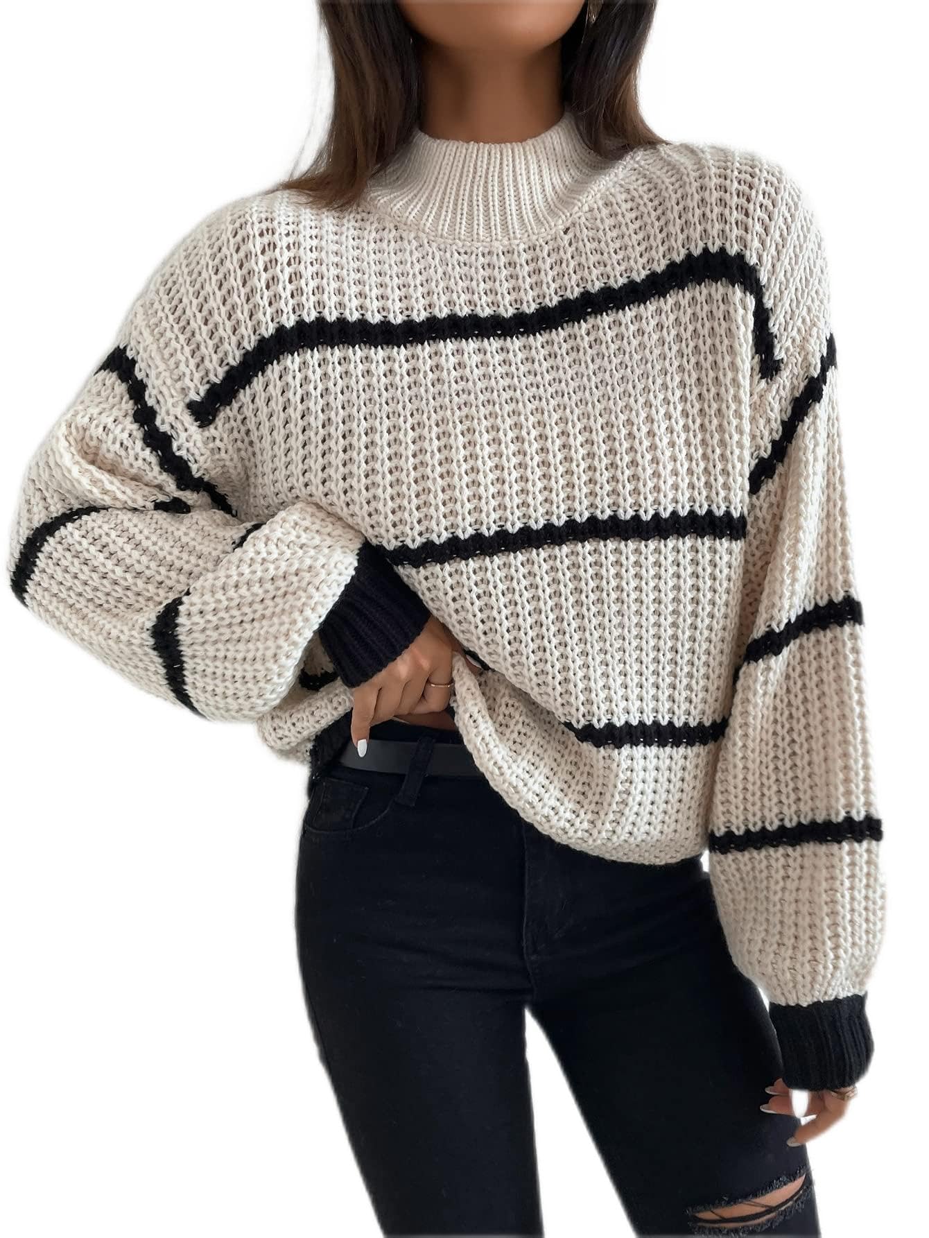 Women's Sweater Striped Mock Neck Drop Shoulder Sweater Sweater for Women (Color : Gray, Size : X-Large)