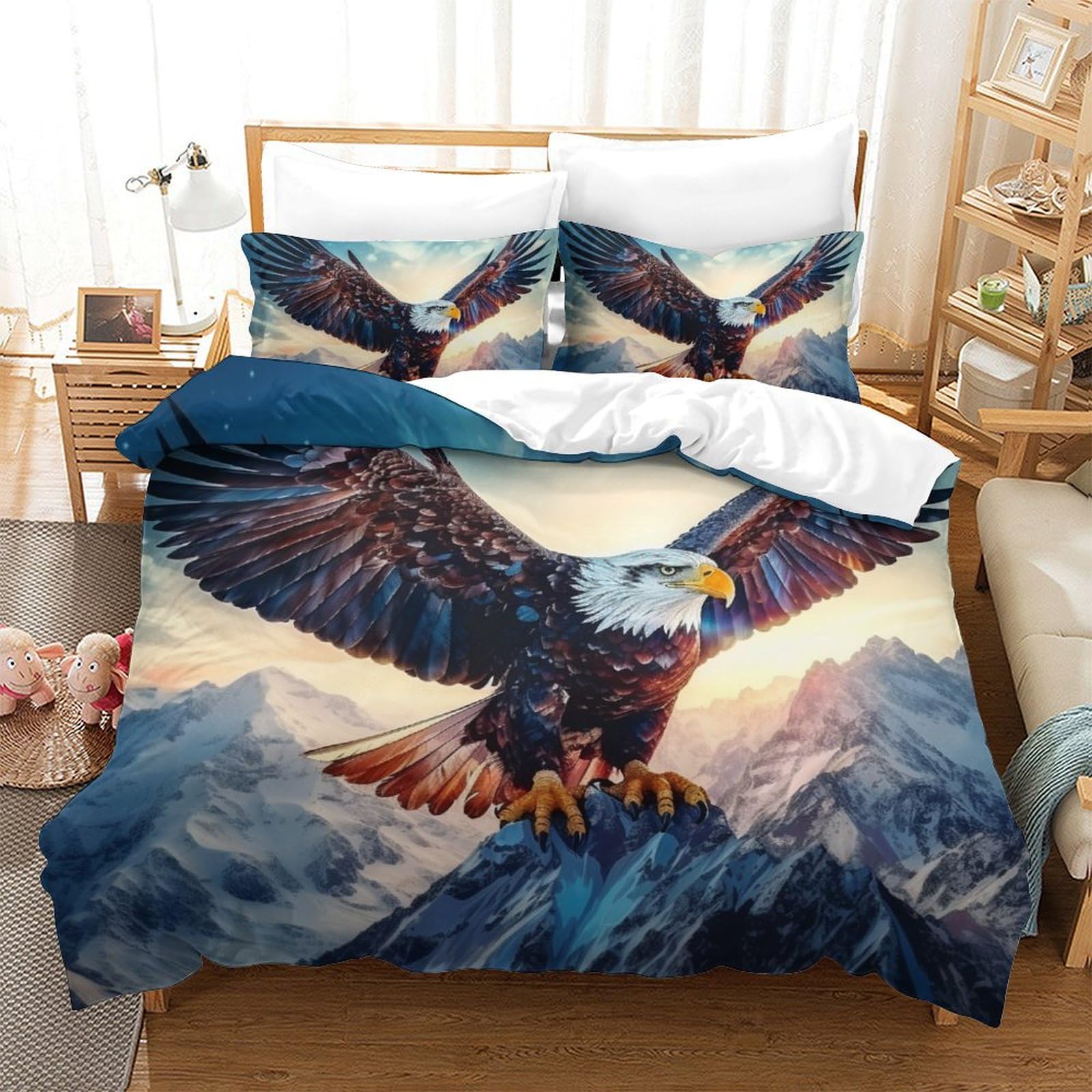 Housse de couette Aigle 3D 200x200cm avec 2 taies d'oreiller pour lit double enfant