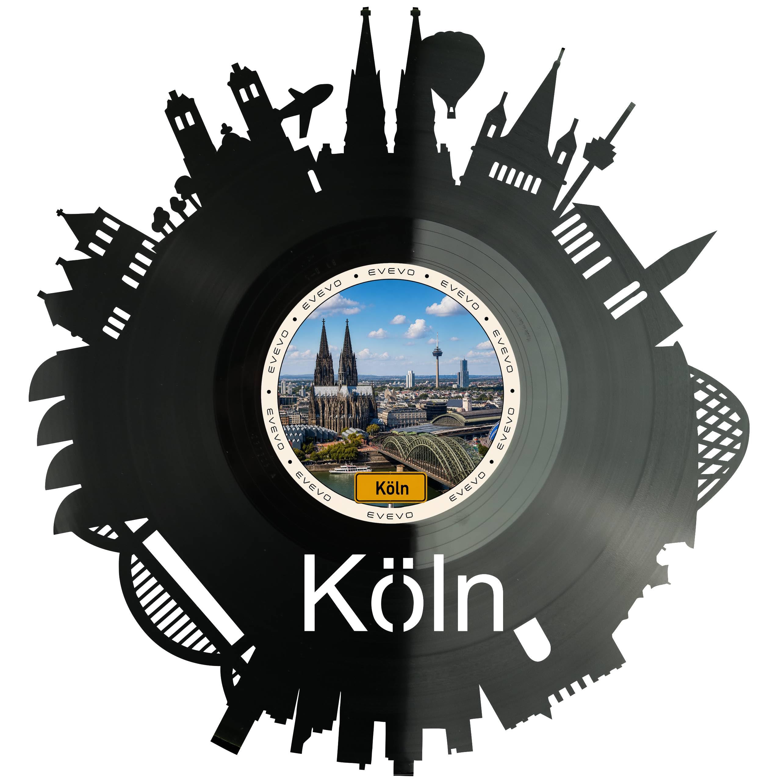 EVEVO Decorazione da parete a forma di disco di Colonia – Decorazione da parete in vinile con skyline del Reno, regalo per gli appassionati di Colonia, Dom Hohenzollerbrücke D0062