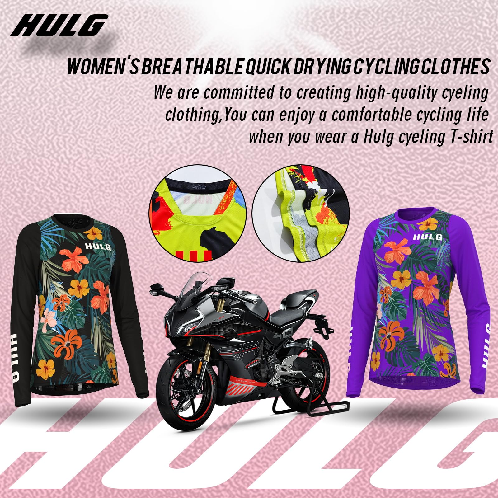 HULG Maillot de Cyclisme Femme Manches Longues, VTT, 100% Polyester, Séchage Rapide, Respirant
