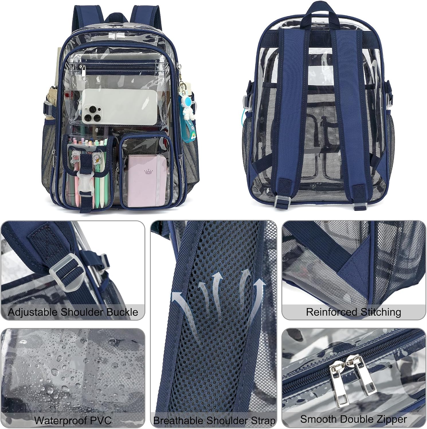 Clear Backpack Heavy Duty Transparent Backpacks Stadium Approved for School Work Sport Travel (Navy Blue) - Image 4