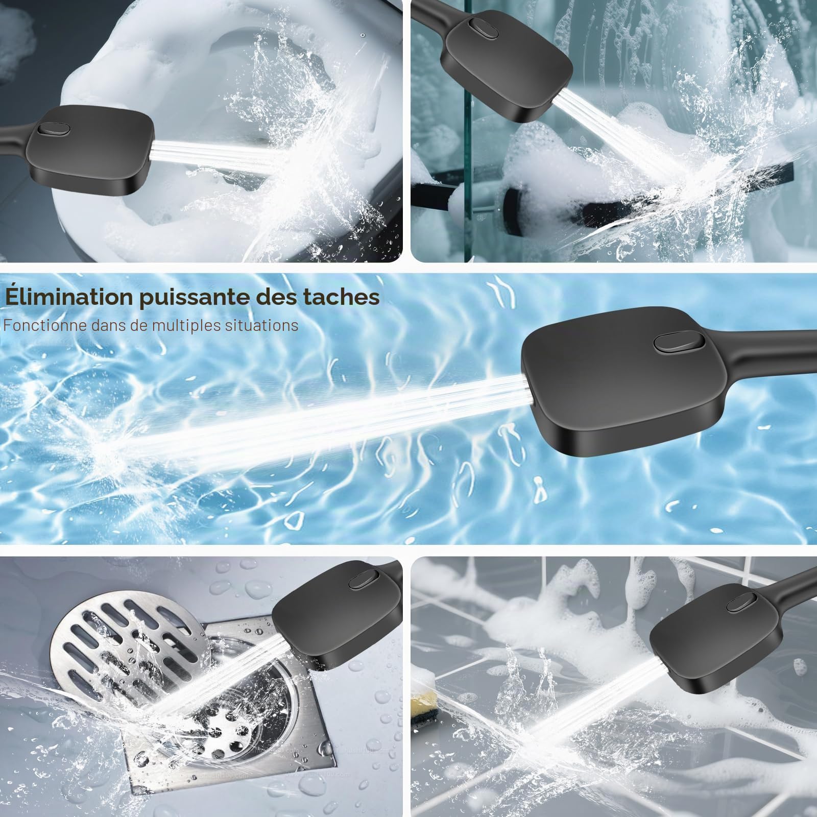 HNOOM Kit Douche Haute Pression, Pommeau de Douche Anti-Calcaire 120mm 8 Modes + Tuyau 1.5m Inox + Support Sans Perçage, Douchette Économie d'Eau, Compatible Salle de Bain(Noir)