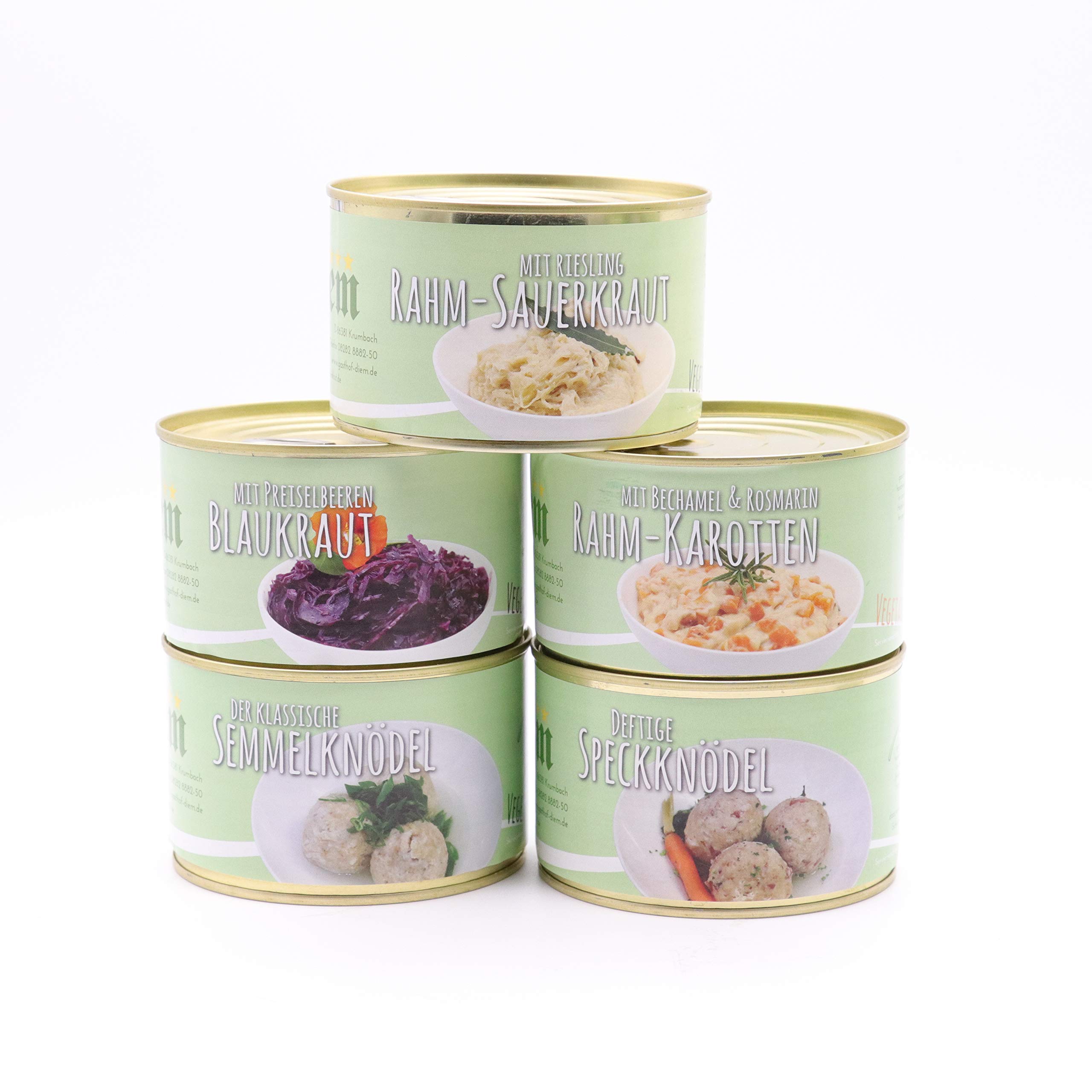 Diem Genießer-Rationspaket – 8 Tage / 8 Menüs (15 x 400 g Dosen) – Schweinebraten, Gulasch, Sauerbraten, Rinderbraten & mehr – Notvorrat, Camping, Outdoor – Hergestellt in Bayern, lange Haltbarkeit