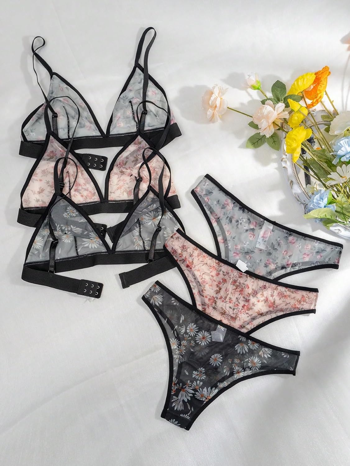 Women's 3 Pack Floral Print Mesh Lingerie Set Wireless Low Rise Sheer Matching Bra and Panty Set - Image 2