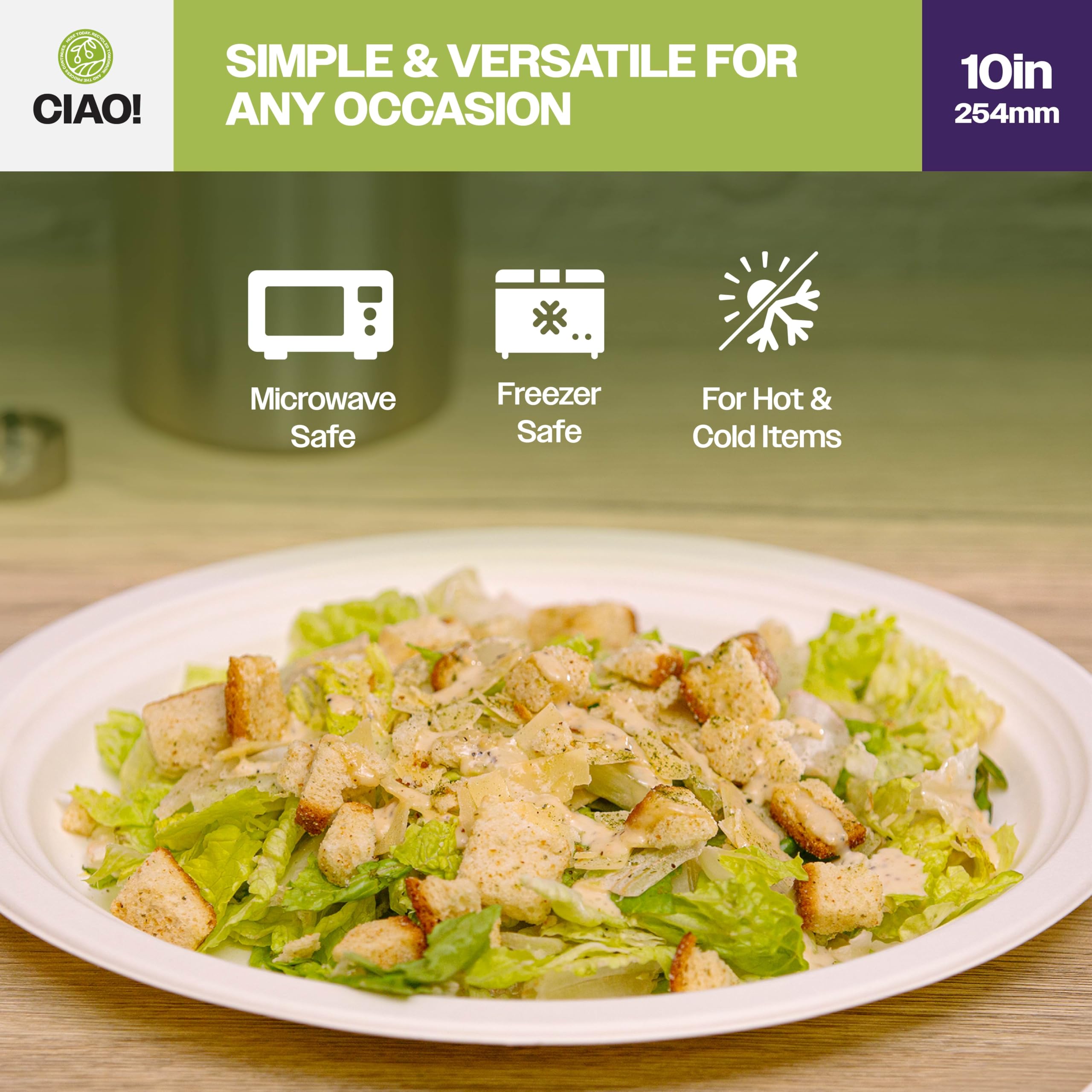CIAO! Plato resistente de 25,4 cm, 100 % compostable, sin PFAS, bagazo sin blanquear, color blanco natural (paquete de 500)