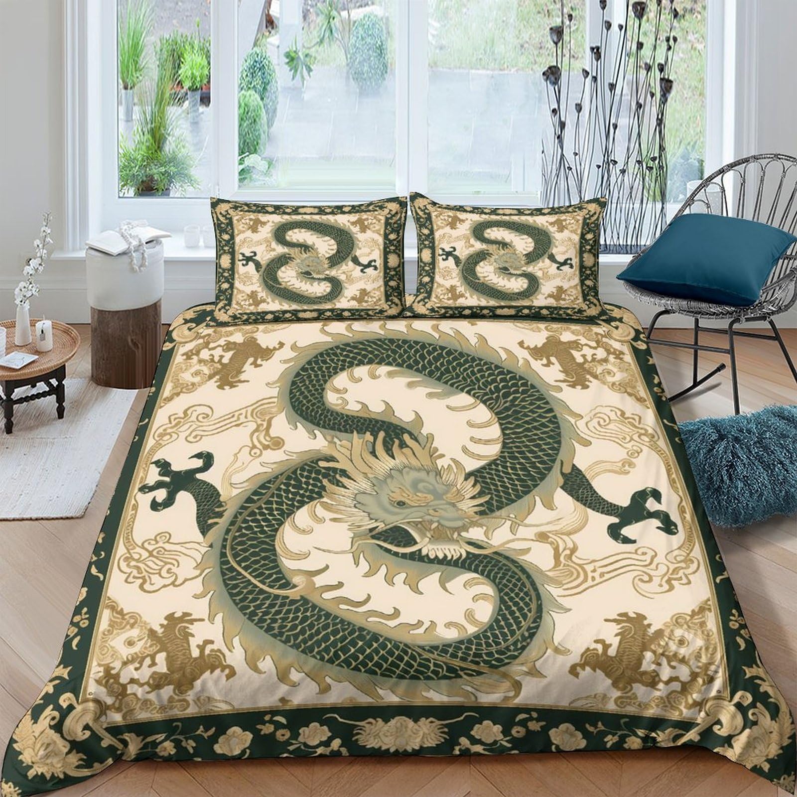 Ctjqhvkz Style-5 3D Printed Green Dragon Fitted Sheet Microfiber Soft Slip-Resistant Oriental Bed Cover For Bedroom Dorm Decor Single（135X200cm）