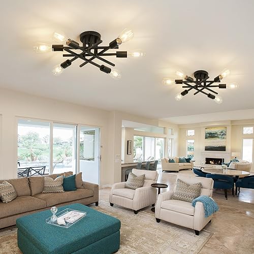 Miniatura 6 de ASGYISA Lámpara de Techo Semiempotrada de 6 Luces, Paquete de 2, Candelabro Sputnik Vintage Negro Mate, Luminaria de Techo para Casa de Campo,