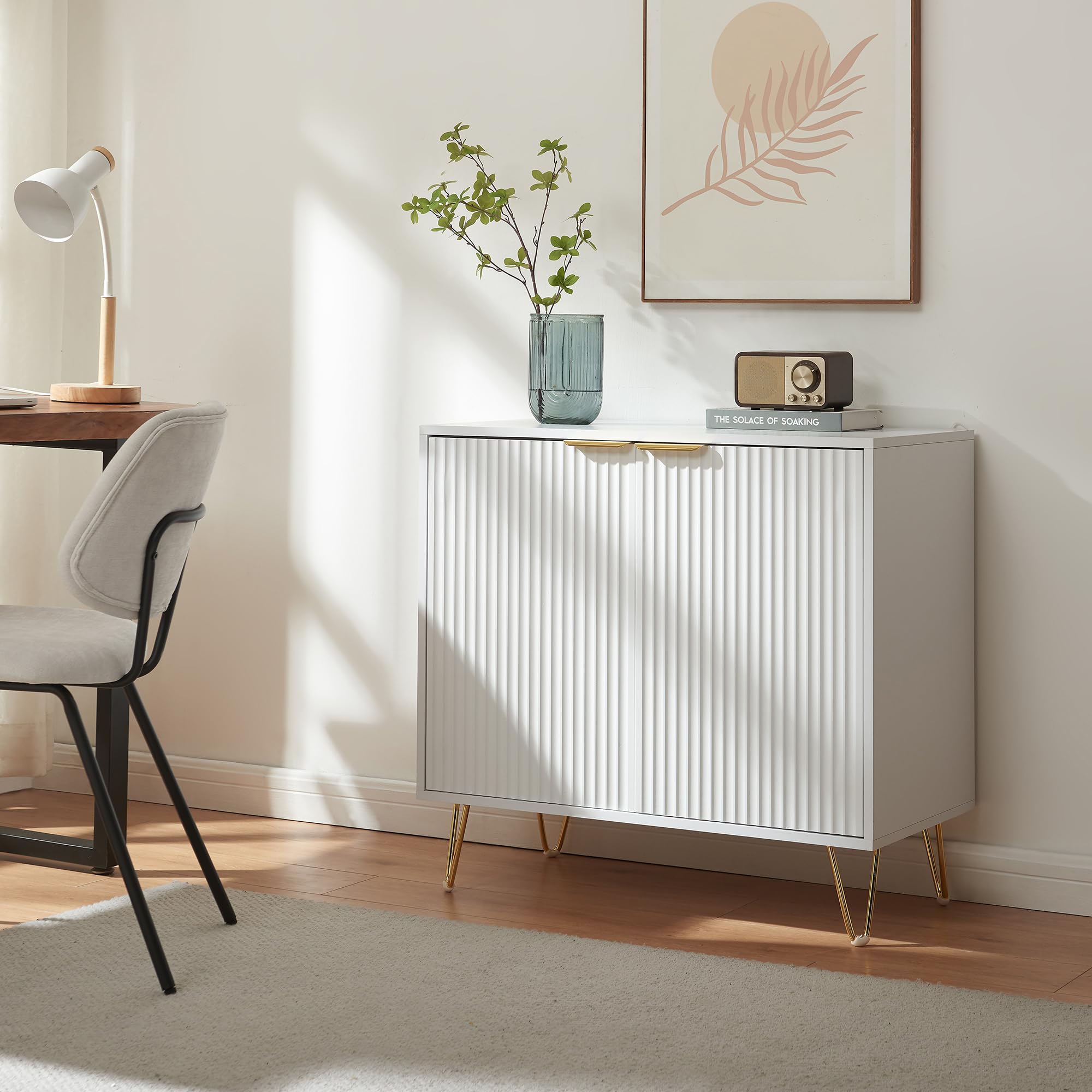 [en.casa] Credenza Bassa Mobile Contenitore a 2 Ante Decorative e Ripiano Comò Multiuso con Scomparti Chiusi per Bagno Cucina Camera da Letto Soggiorno 75 x 80 x 40 cm - Bianco
