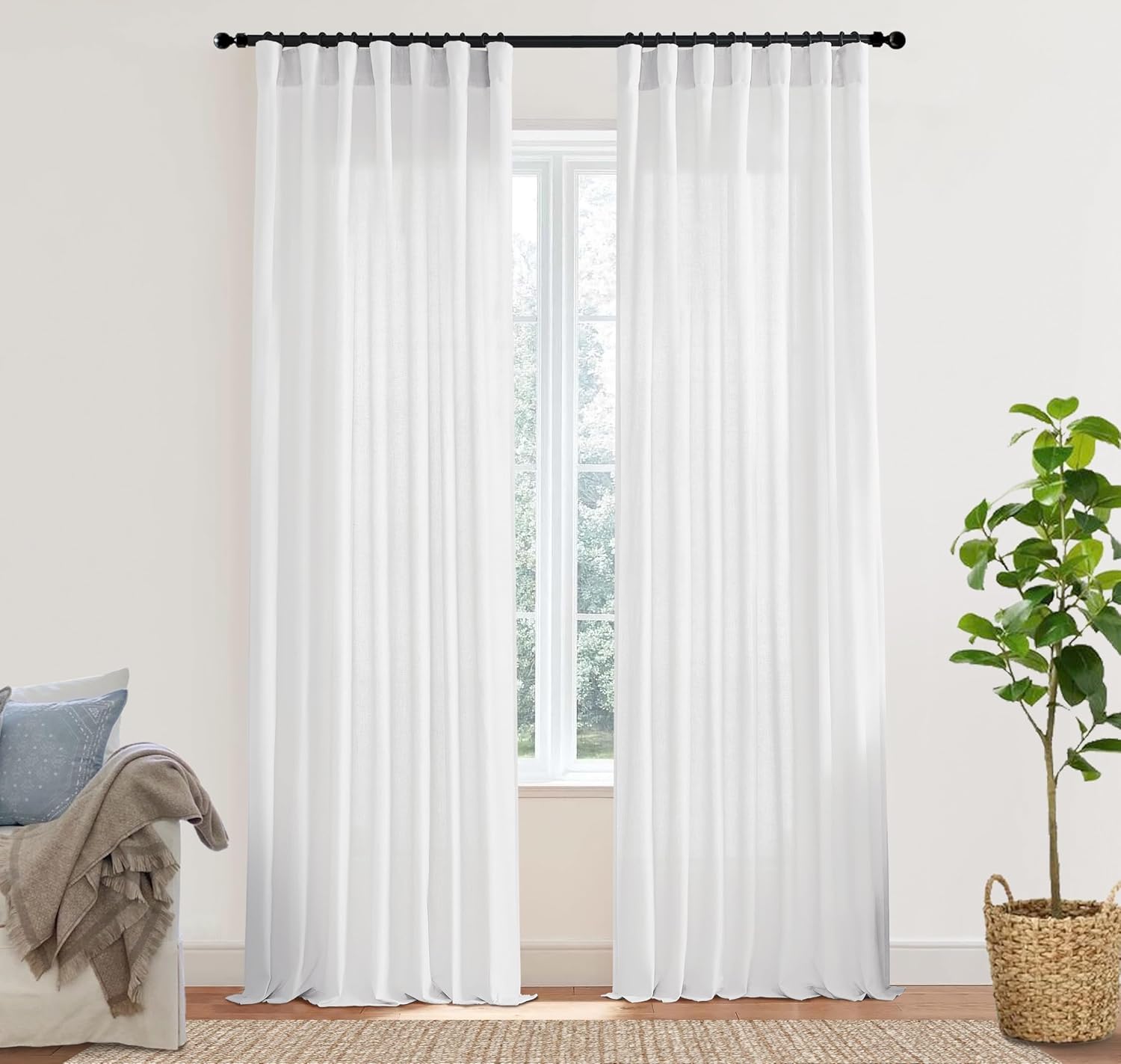 XTMYI 105 Inch White Cotton Linen Curtains 2 Panels Set Custom Length Back Tab Window Sheer Curtain Drapes for Living Room Bedroom,50x105 in Long 50"W x 105"L (Pack of 2) White