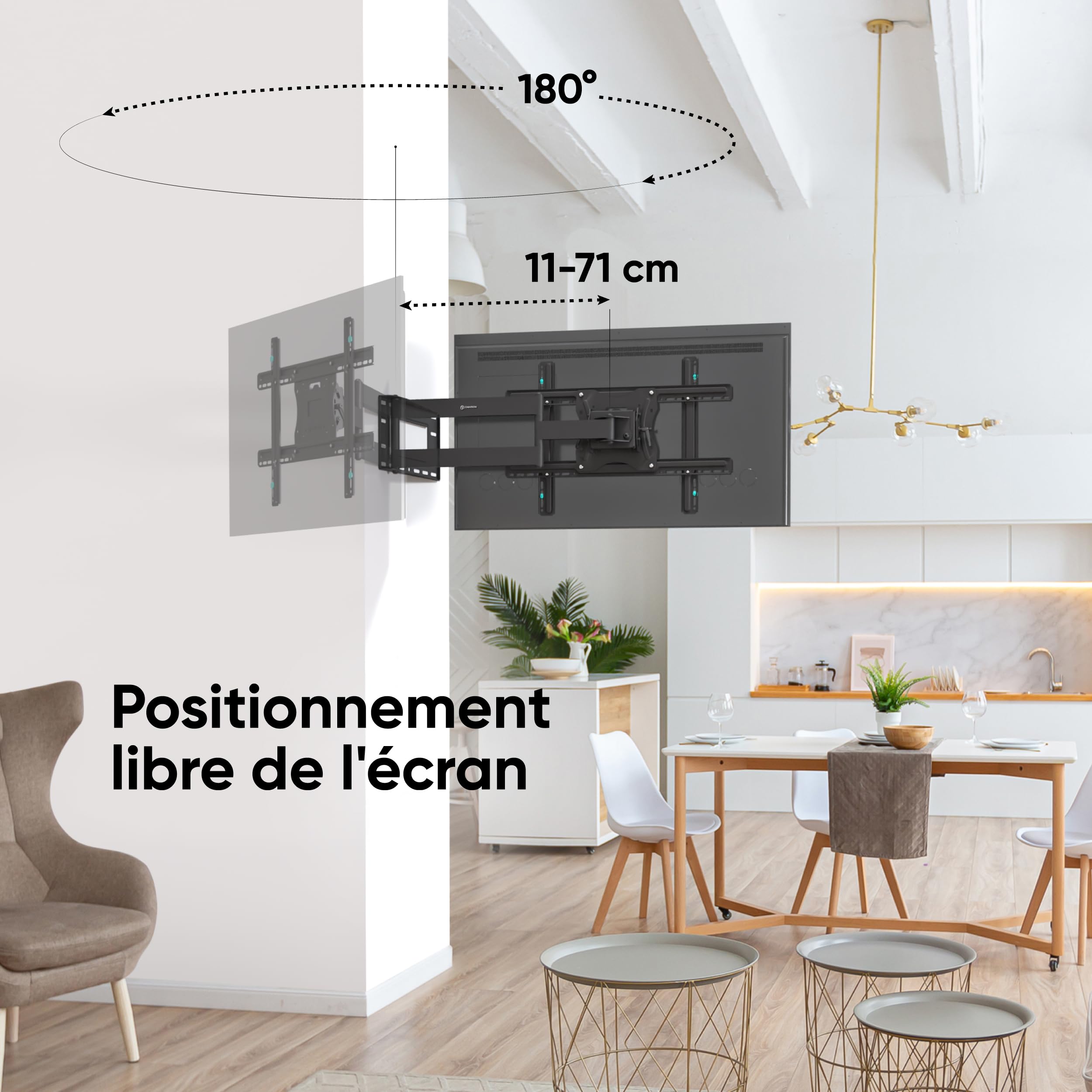 ONKRON Support Mural TV Orientable et Inclinable pour 40-75 Pouces, Support TV Mural Poids 68 kg, Accroche Tele VESA 100x100-600x400, Bras Tele Longue Portée, Fixation Murale TV, Long Arm Noir M7L-B