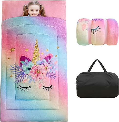 Saco de dormir para niños y niñas, diseño de unicornio y arcoíris, forro polar grueso, tapete para siesta para preescolar, guardería, jardín de