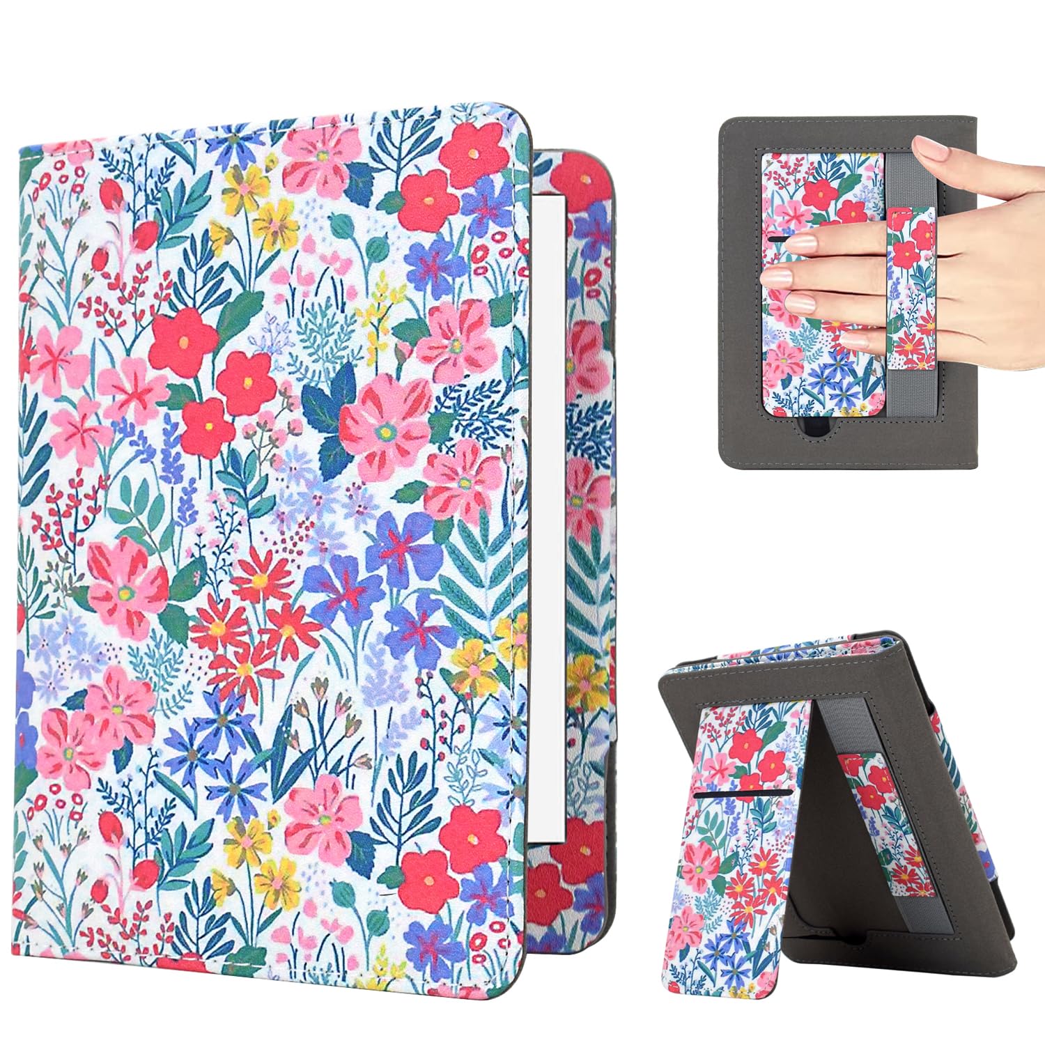 KEROM 6.8" Kindle Paperwhite Case 11th Generation 2021 Release and Signature Edition, Premium PU Leather Stand Cover Case with Hand Strap, Card Slot, and Auto Sleep/Wake - Pink Floral