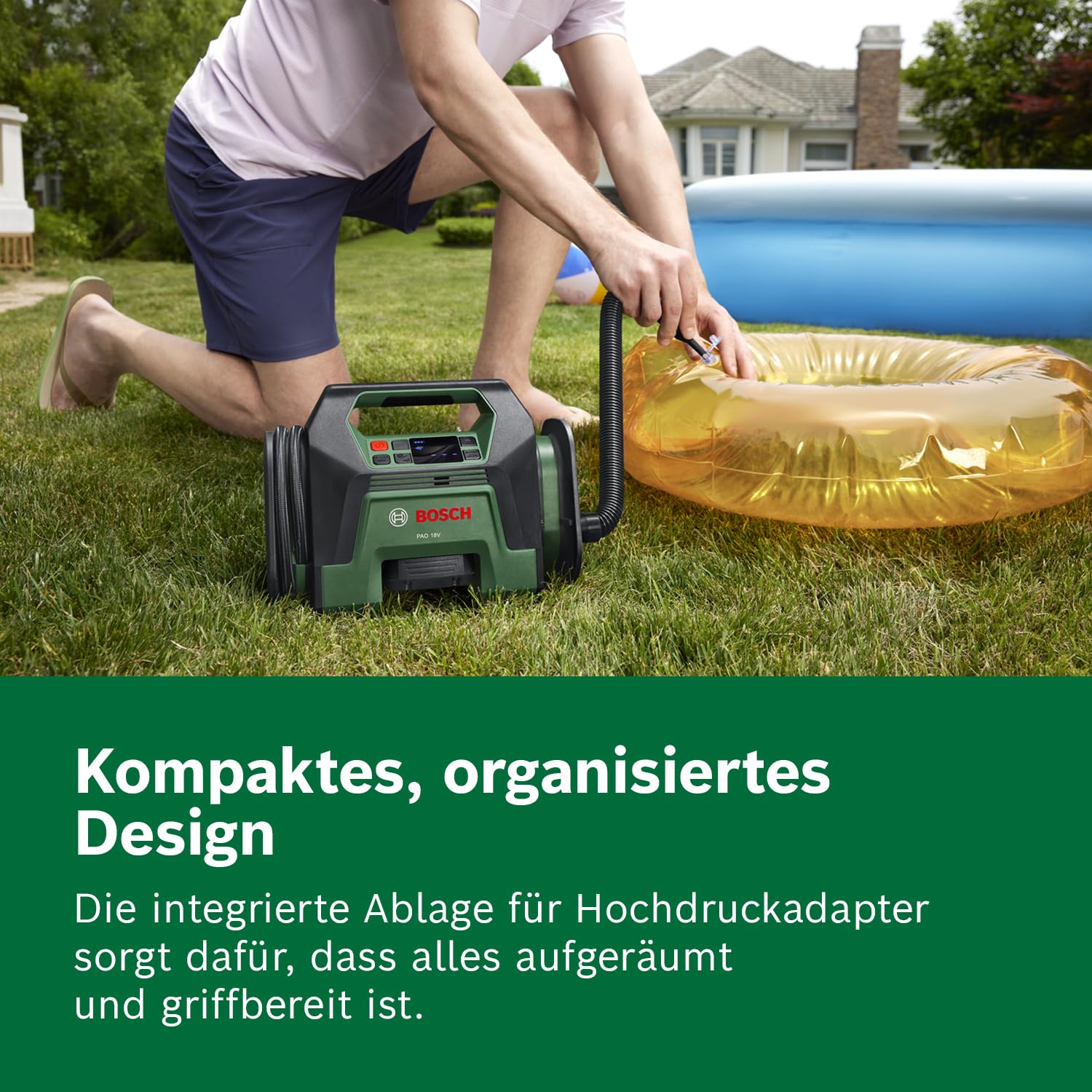 Bosch Akku-Kompressor PAO 18V (Zum Aufpumpen von Reifen bis hin zu großen Schlauchbooten; inkl. Reifenventil, Luftpumpenclip, französischem Ventil, Ballnadel, Volumenadapter)