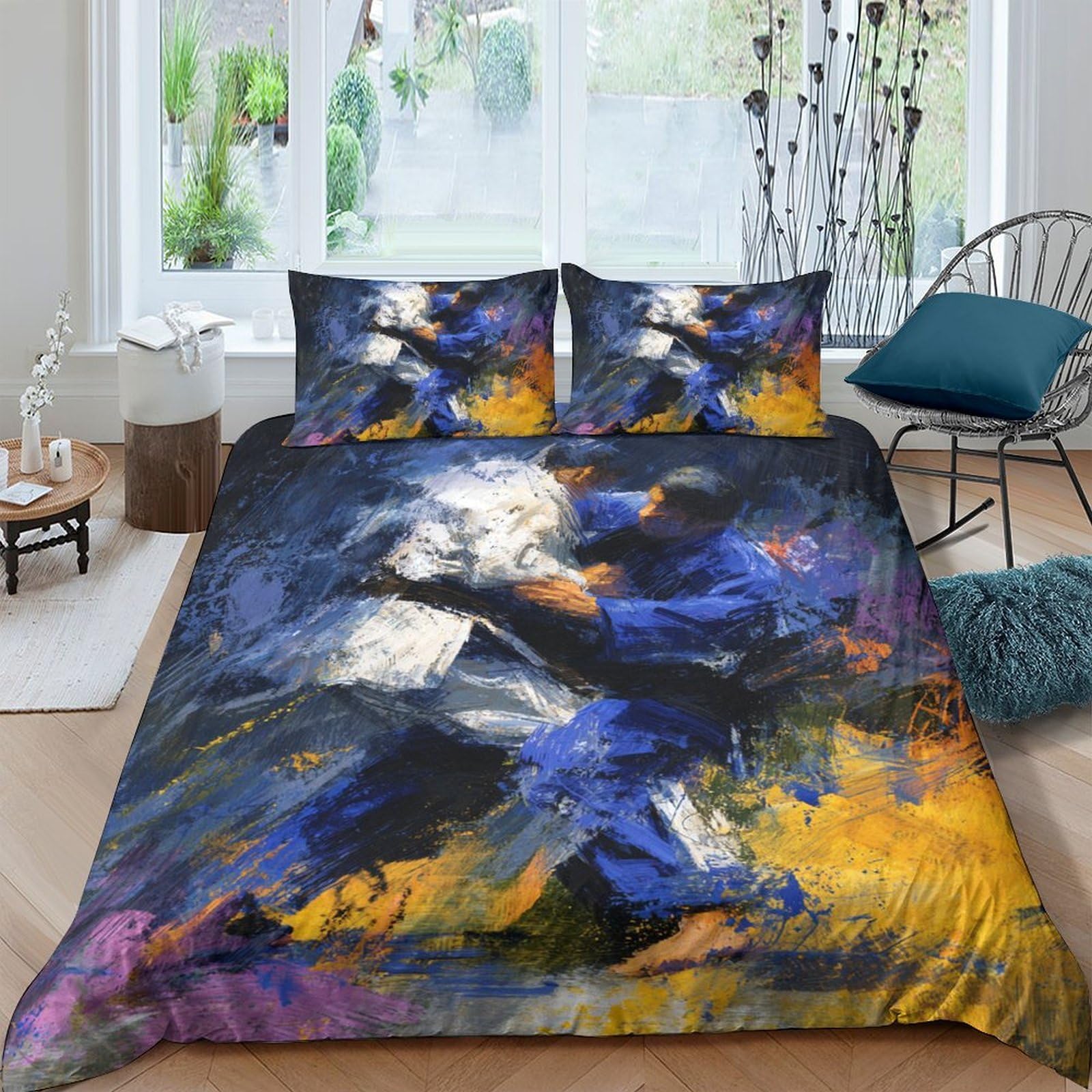 GPLZQXKJNH 3D Printed Abstract Blue Yellow Duvet Cover Microfiber Soft Breathable Artistic Brushstroke Bedding Set with 2 Pillowcases for Bedroom Decor Single（135x200cm）