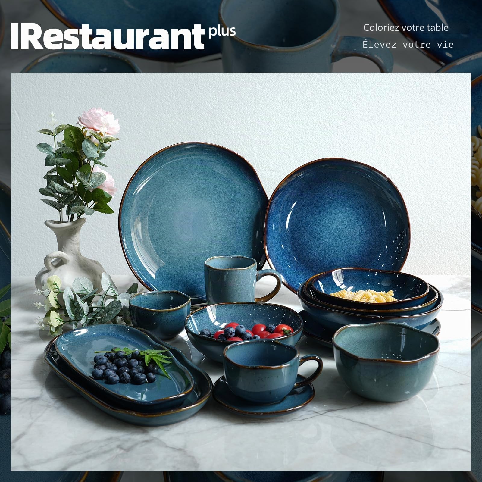 Highland Service de table 16 pièces pour 4 personnes, double bol, assiettes et bols en grès résistant aux rayures, passe au micro-ondes et au lave-vaisselle - Vernis naturel réactif - Bleu