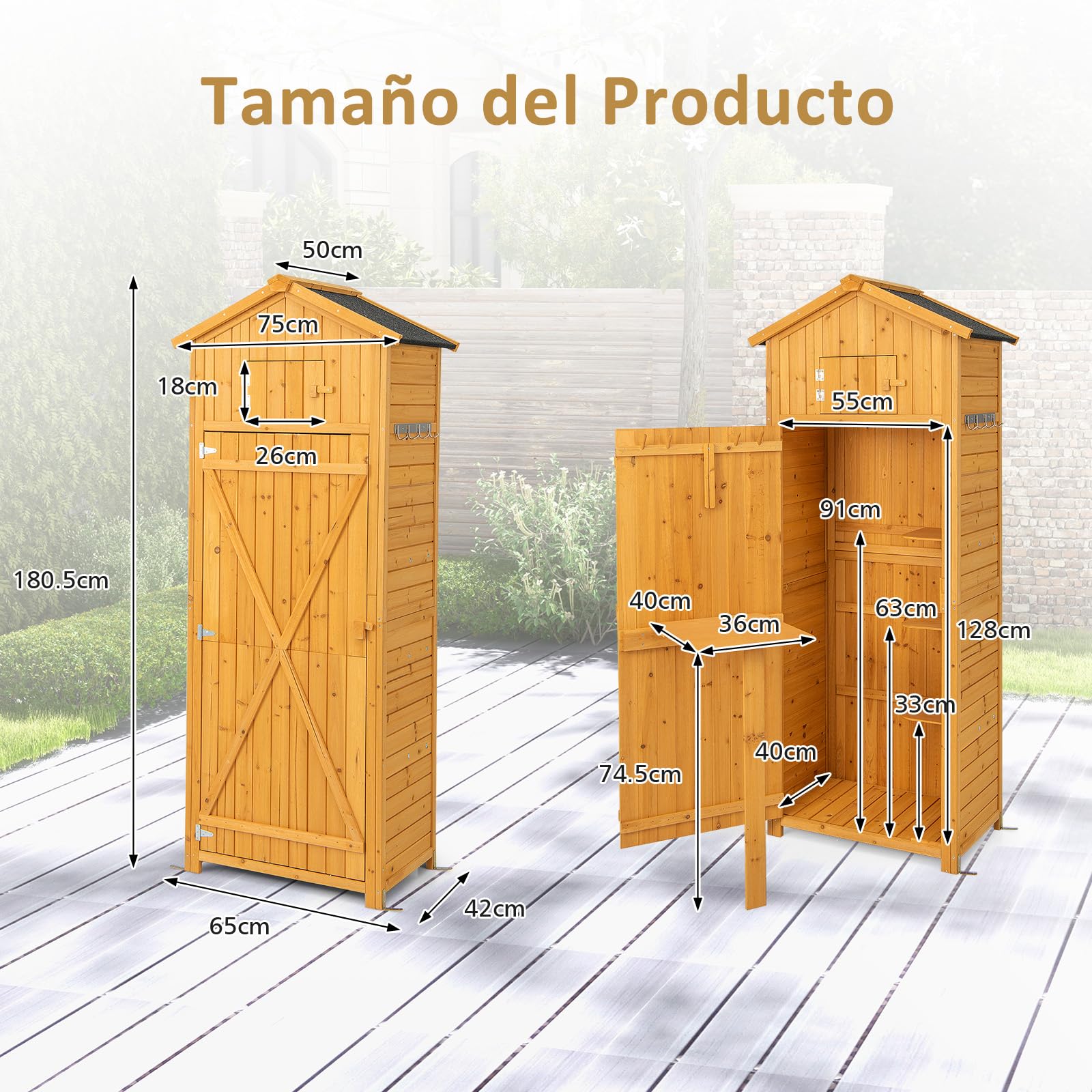 RELAX4LIFE Cobertizo de Madera con Techo a 2 Aguas de Asfalto, Armario de Jardín con 8 Ganchos, 3 Estantes Extraíbles y Mesa Plegable para Herramientas de Jardinería (Natural)