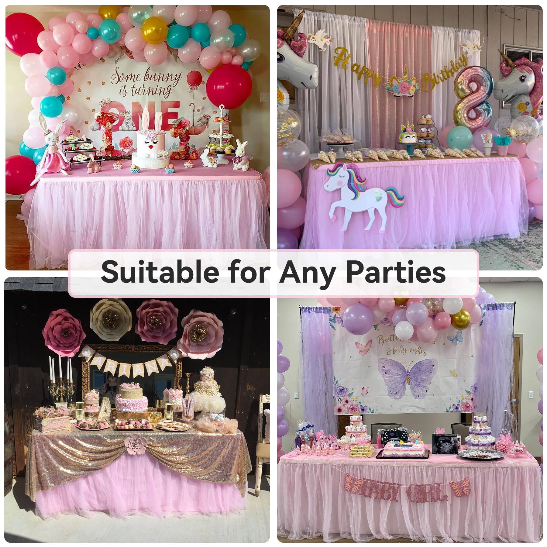 NSSONBEN Rosa Tulle Gonna da Tavolo Dessert per Torte, 2-Layer Ruffle Tulle Tutu Panno Gonne da Tavolo per Ragazze Festa di Compleanno Matrimonio Bambino Doccia Decorazione(L183×H76cm, No Tovaglia)